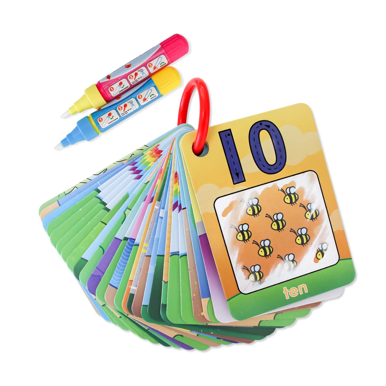 Water Painting Graffiti Book Card 26pcs Early Education Cognitive Cards Colouring Doodle Board 2 Magic Drawing Pens Games Toy for Toddlers Kids Baby – Number, Shapes and Colors