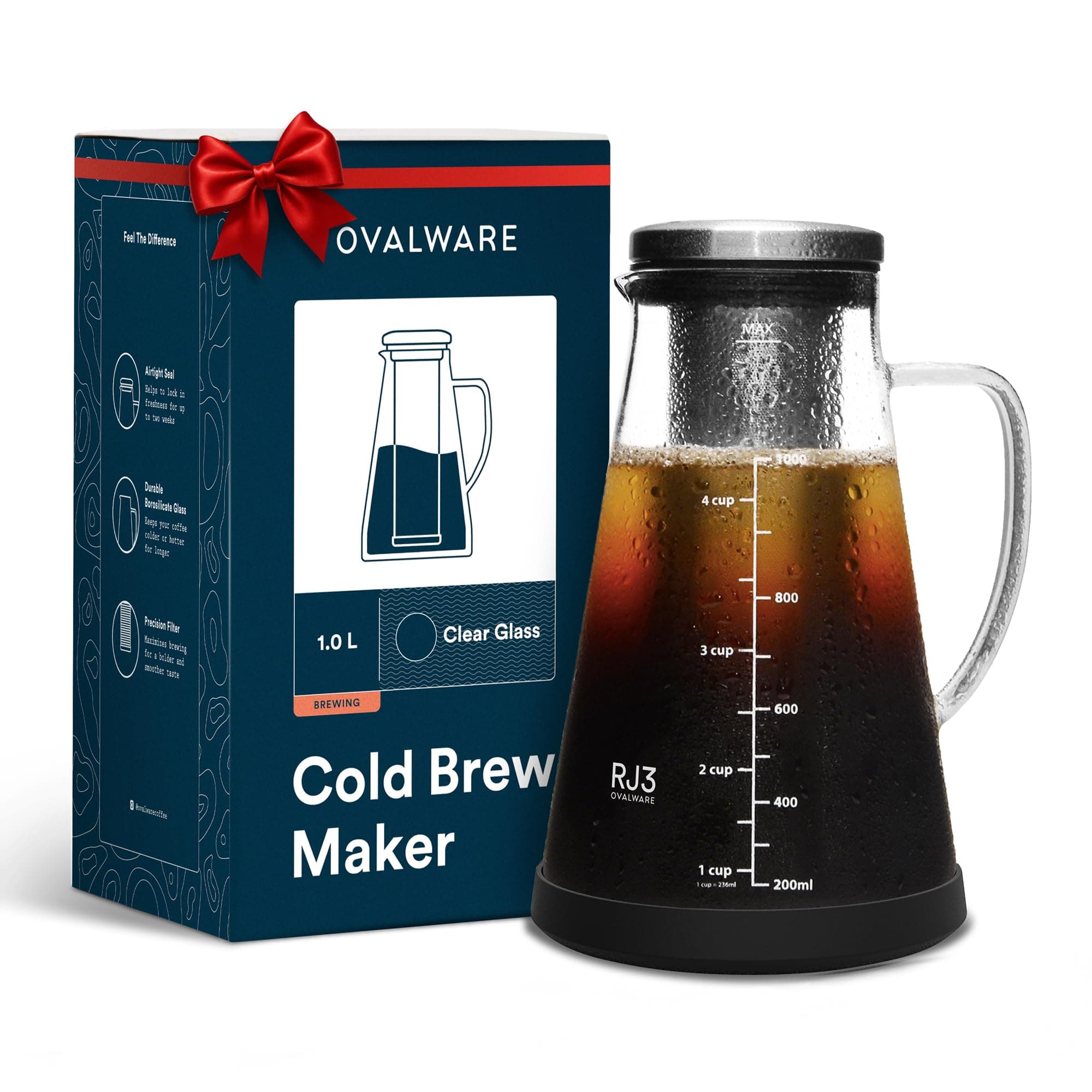 Ovalware RJ3 Airtight Cold Brew Iced Coffee Maker and Tea Infuser with Spout - 1.0L Brewing Glass Carafe with Removable Stainless Steel Filter