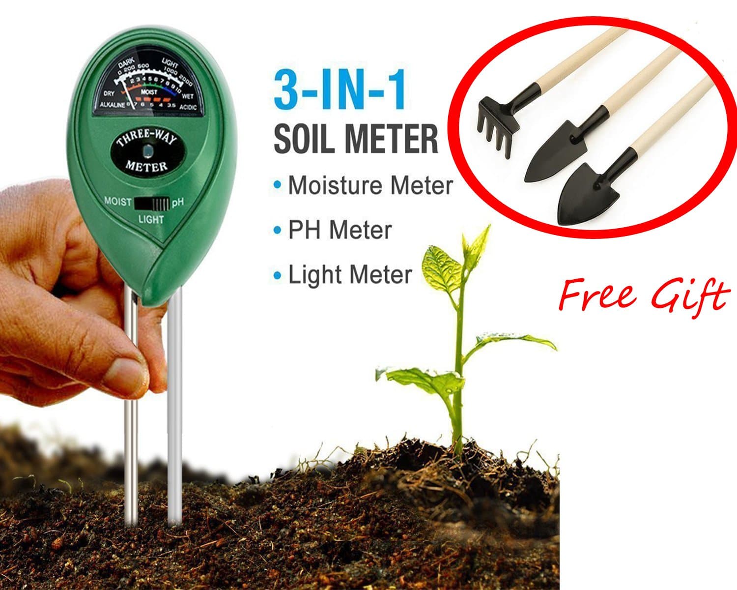 JHUANI Soil pH Meter,3 in 1 Soil Tester Kit Water Moisture Meter Light and PH Acidity Tester,Plant Tester for Garden, Farm, Lawn, Indoor Outdoor (No Battery Needed) 3pcs Gardening Tools