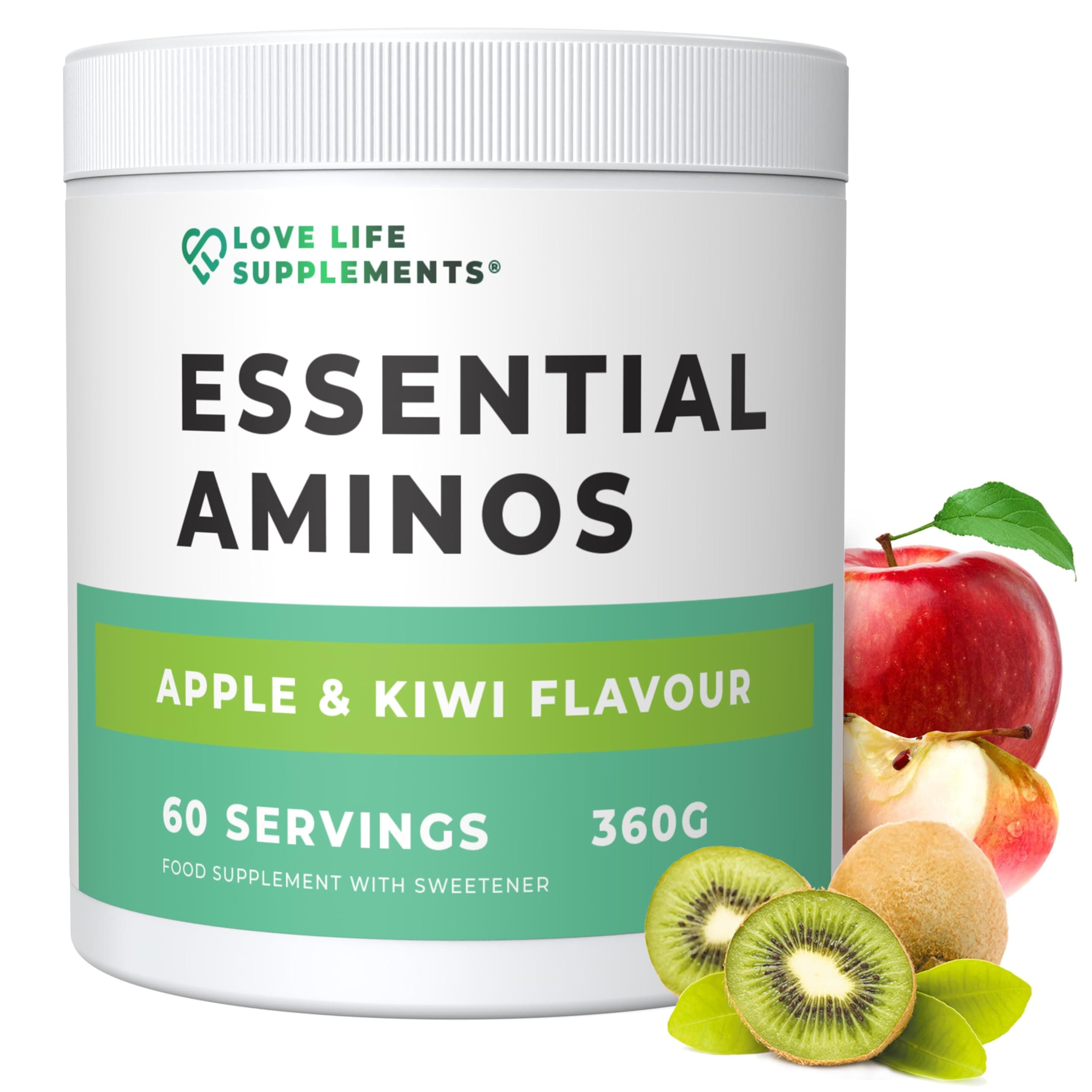 Essential Amino Acids Powder, Full Spectrum EAA & BCAA Drink for Muscle Recovery, Apple & Kiwi Flavour, 60 Servings, High Strength Intra Workout Supplement, UK Made - Love Life Supplements