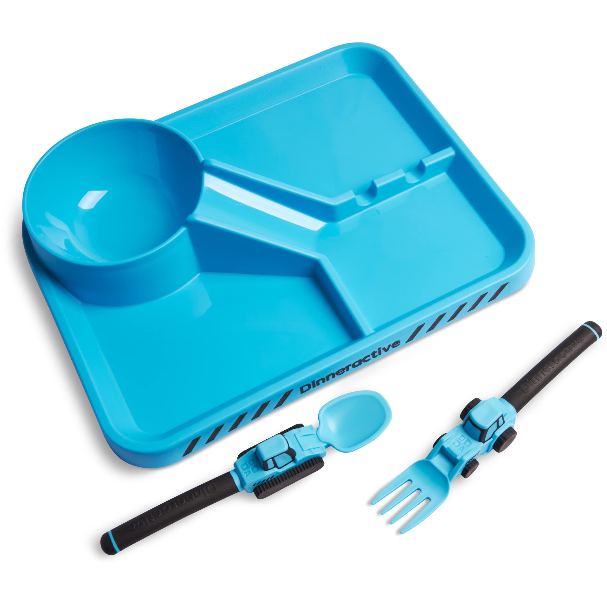 Dinneractive 3-Piece Construction Themed Toddler Utensils & Plates - Toddler Forks, Spoons & Divided Plates - Blue, Vehicle Pattern