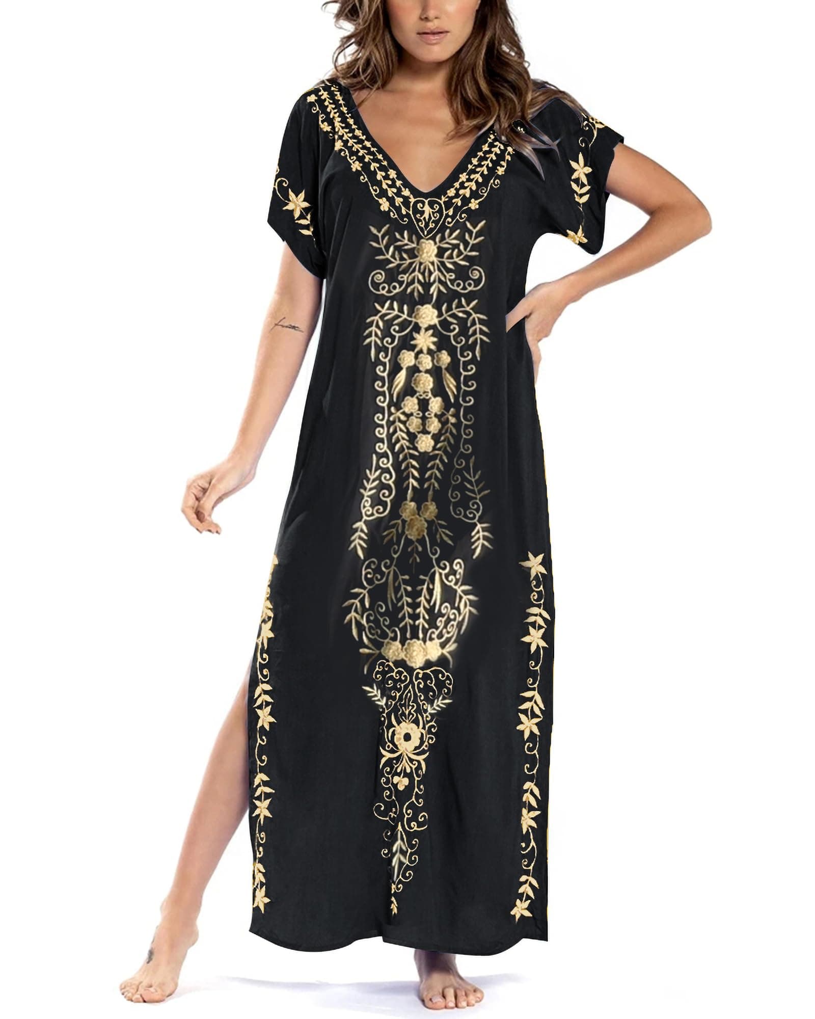 Busbseach Caftan Dresses for Women Embroidery Short Sleeve Beach Cover Up V Neck Maxi Kaftan Dress