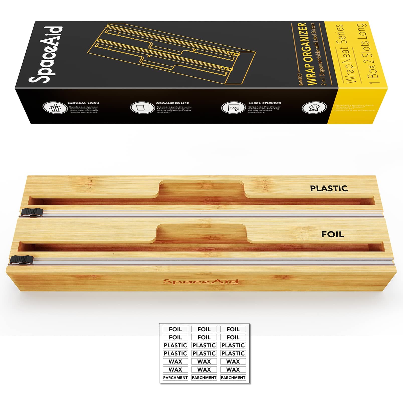 SpaceAid 2 in 1 Long Wrap Dispenser (Need 3" Deep Drawer) with Cutter, Plastic Wrap, Aluminum Foil Dispenser for Kitchen Drawer, Bamboo Roll Organizer Holder, Compatible with 15" Roll