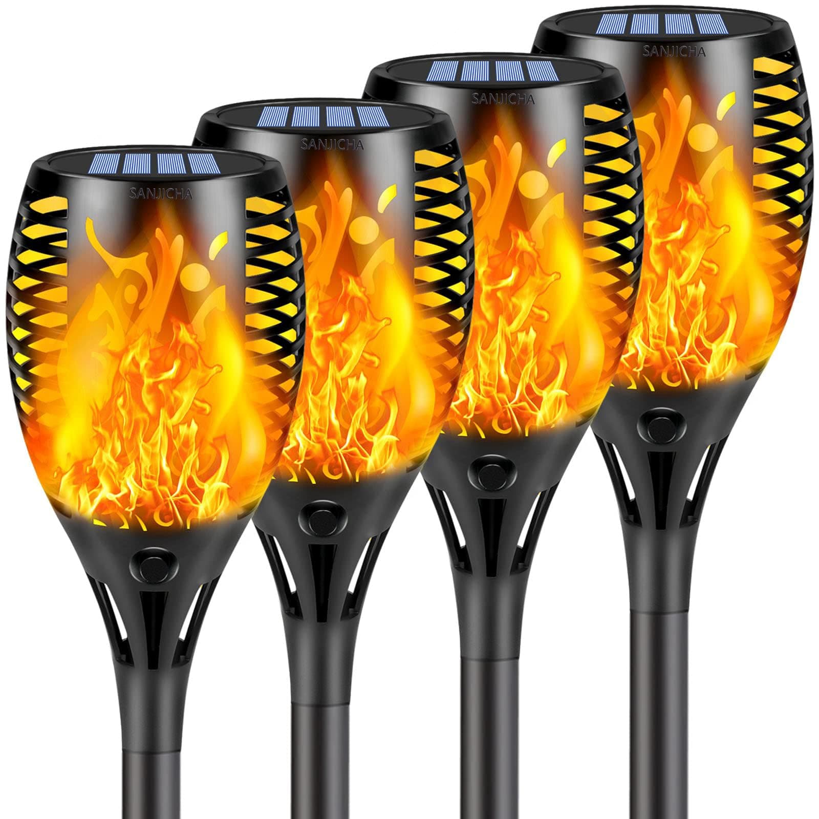 4 Pack Super Larger Size Solar Flame Torch Lights with Flickering Flame, Solar Flame Lights Outdoor Waterproof for Garden Decor, Extra Bright Tiki Torches Solar Lights Outdoor for Pathway Patio Yard