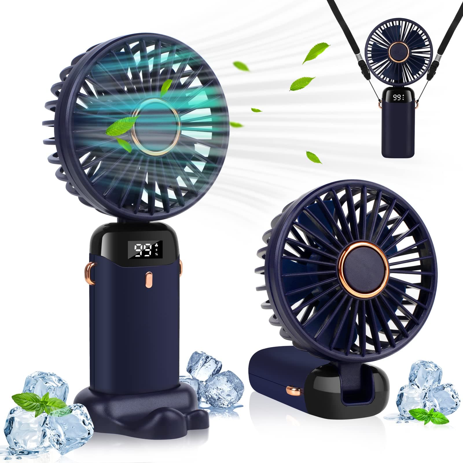 LYMYBETY Portable Handheld Fan, 4000mAh Mini USB Rechargeable Fan with Digital Display, Small Personal Pocket Fans with 5 Speeds, Hand Held Fans with Lanyard and Base for Home Travel (Blue)