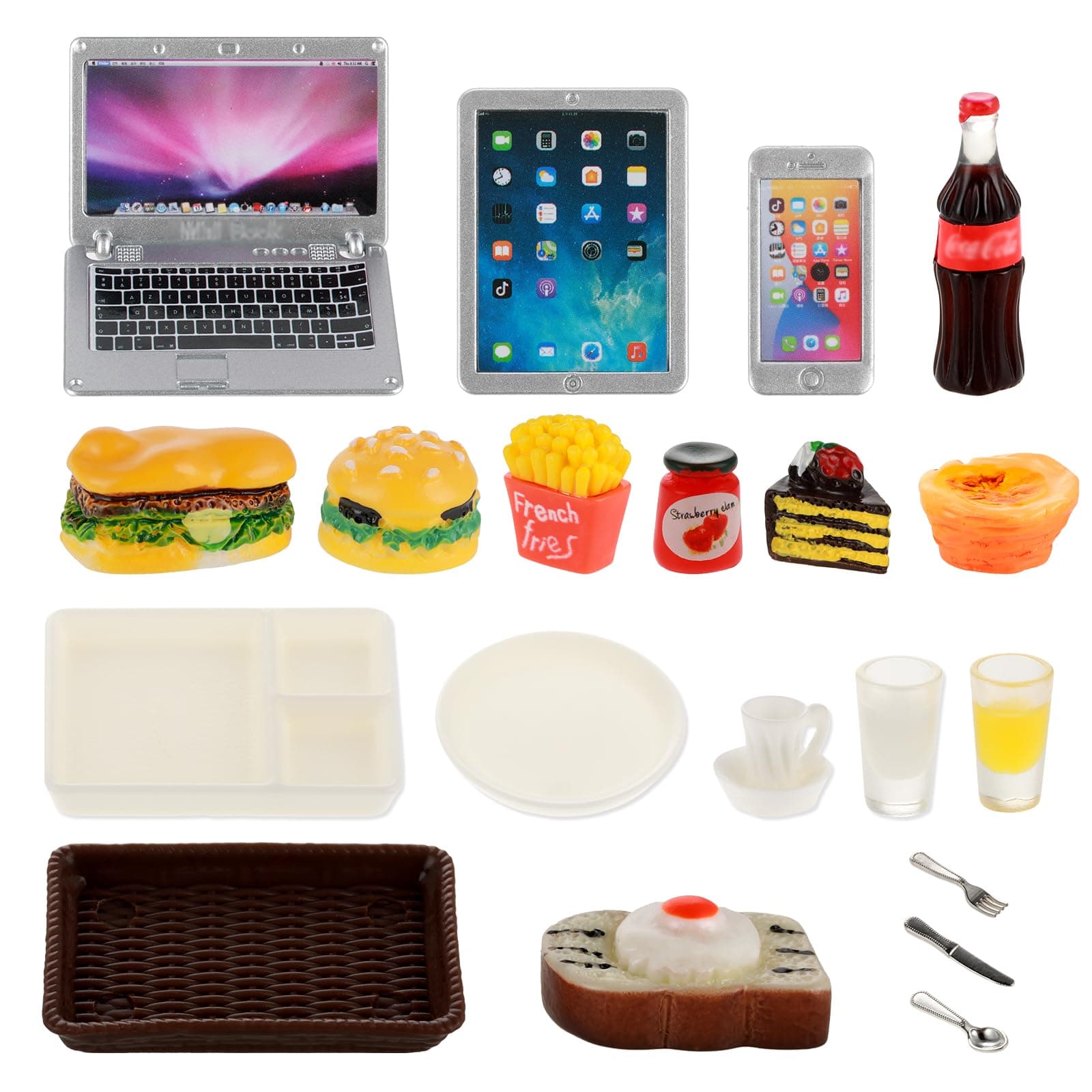 TIESOME Dollhouse Miniatures Laptop Food Drink Set, 21 Pcs Simulation Phone Computer Hamburger Breakfast Model 1:12 Doll House Decoration for Photo Props DIY Pretend Play