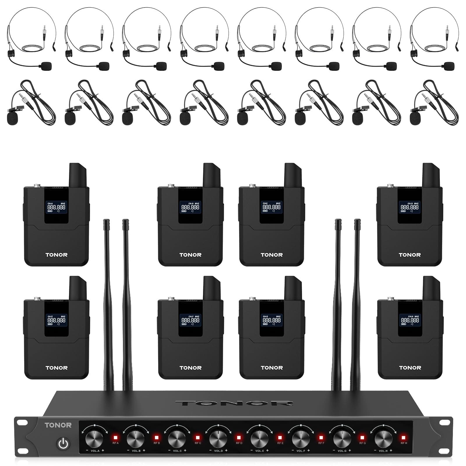 TONOR Wireless Microphones System with 8x12 Channels Headset/Lavalier Lapel Mics, Bodypack Transmitter, Receiver, 90 m/295ft UHF Range for Church Conference Performance Singing Karaoke PA Speaker