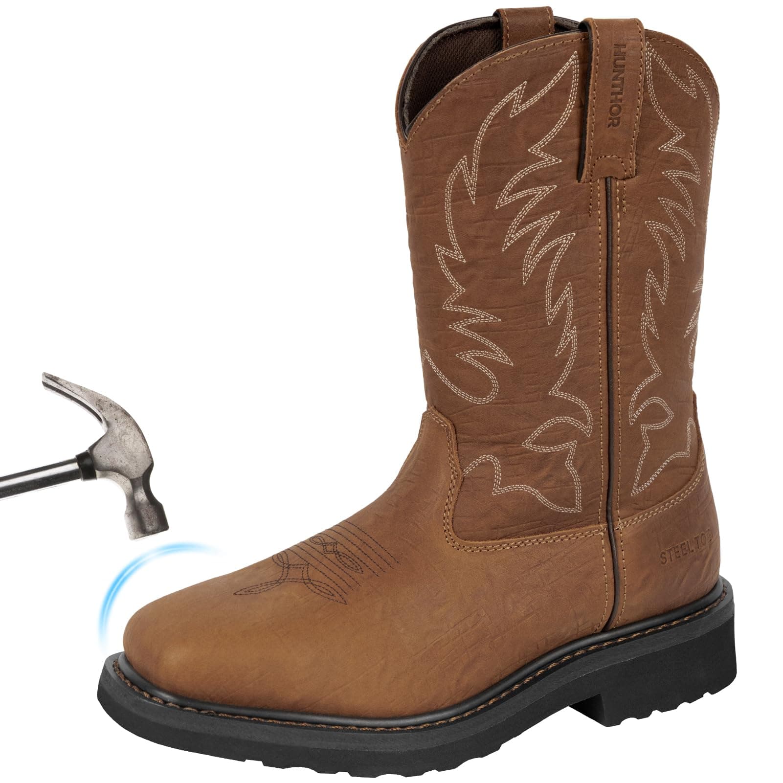 Men's Cowboy Work Boots, Square Steel Toe EVA Mid-Sole with GoodyearWelt Leather Anti Slip Western Men's Brown Boots for Manufacturing, Construction, Farming, Size 7-14