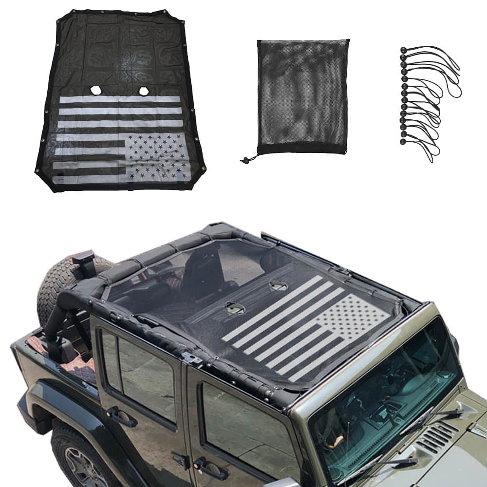 Micephon Top Roof Mesh Sunshade Net for Jeep Wrangler JK JKU 4 Door (2007-2017) (With US Flag)