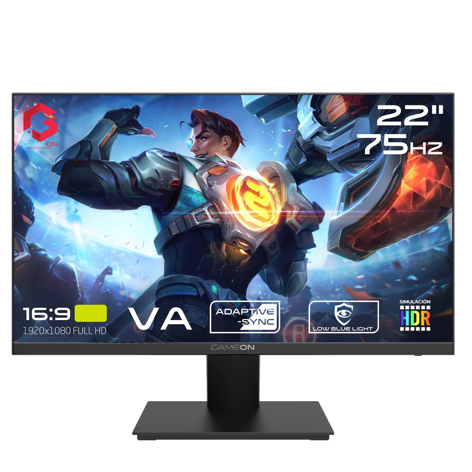 GAMEON 22 inch monitor, Full HD 1920x1080p HDMI and VGA with Ergonomic Tilt, Eye Care Technology with Blue Light Filter and Anti-Glare, Adaptive-Sync and Built-in-speakers