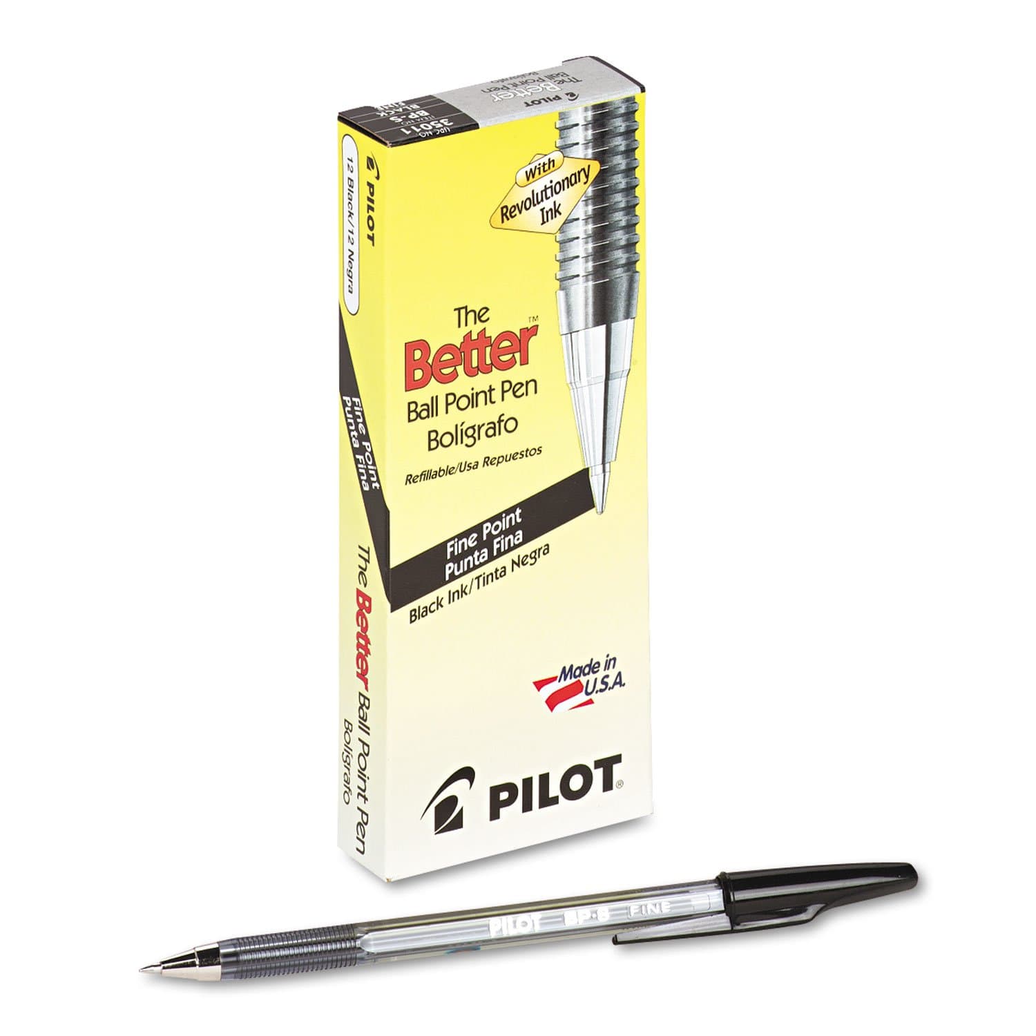 The Better Ball Point Pen Refillable Ball Point Stick Pens, Fine Point, Black Ink, 12-Pack (35011), 0.7mm