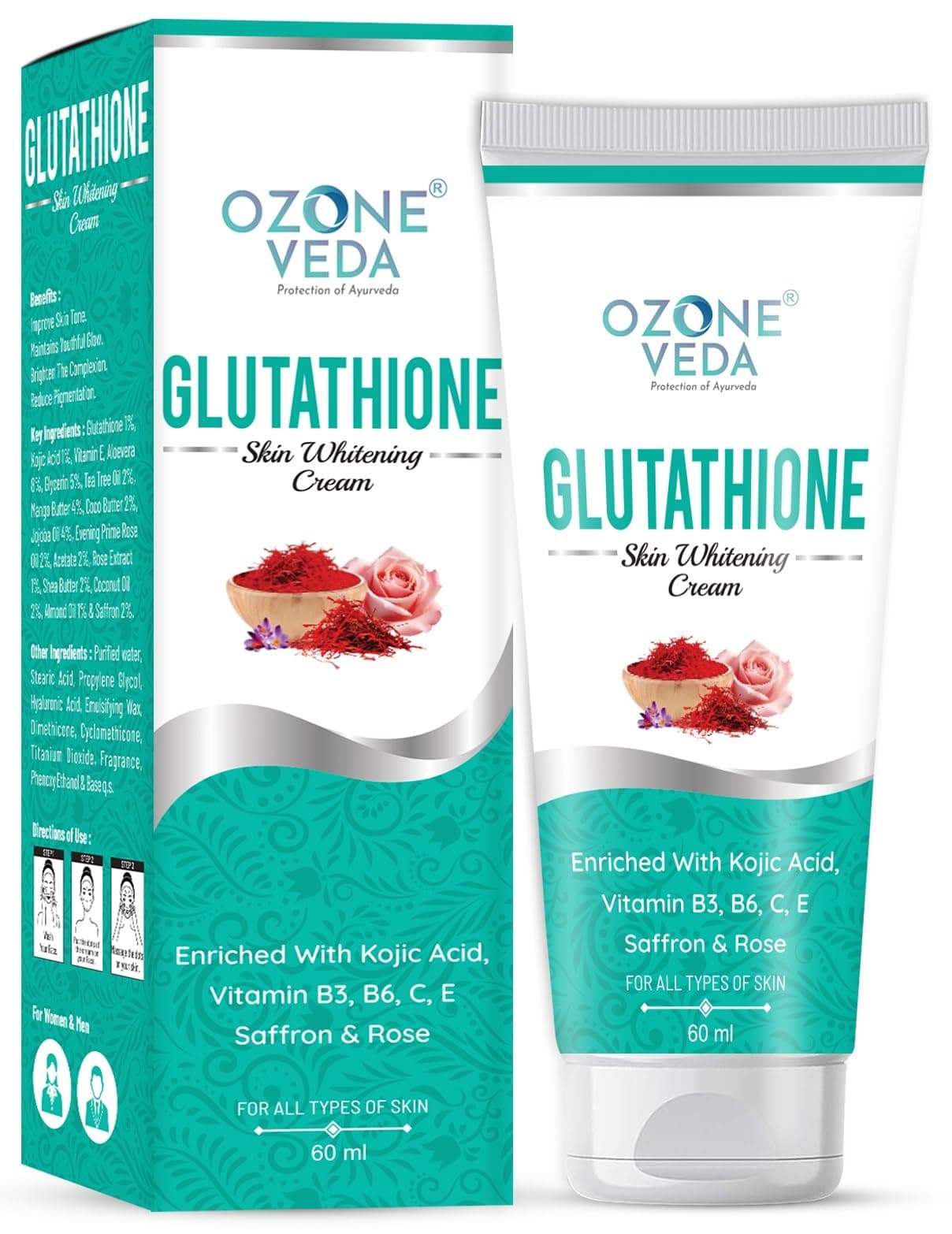 Glutathione Cream For Skin Whitening | With Kojic Acid & Vitamin C | For Clear Glowing Skin & Tan removal | For Women & Men | All Skin Types | 60 gm