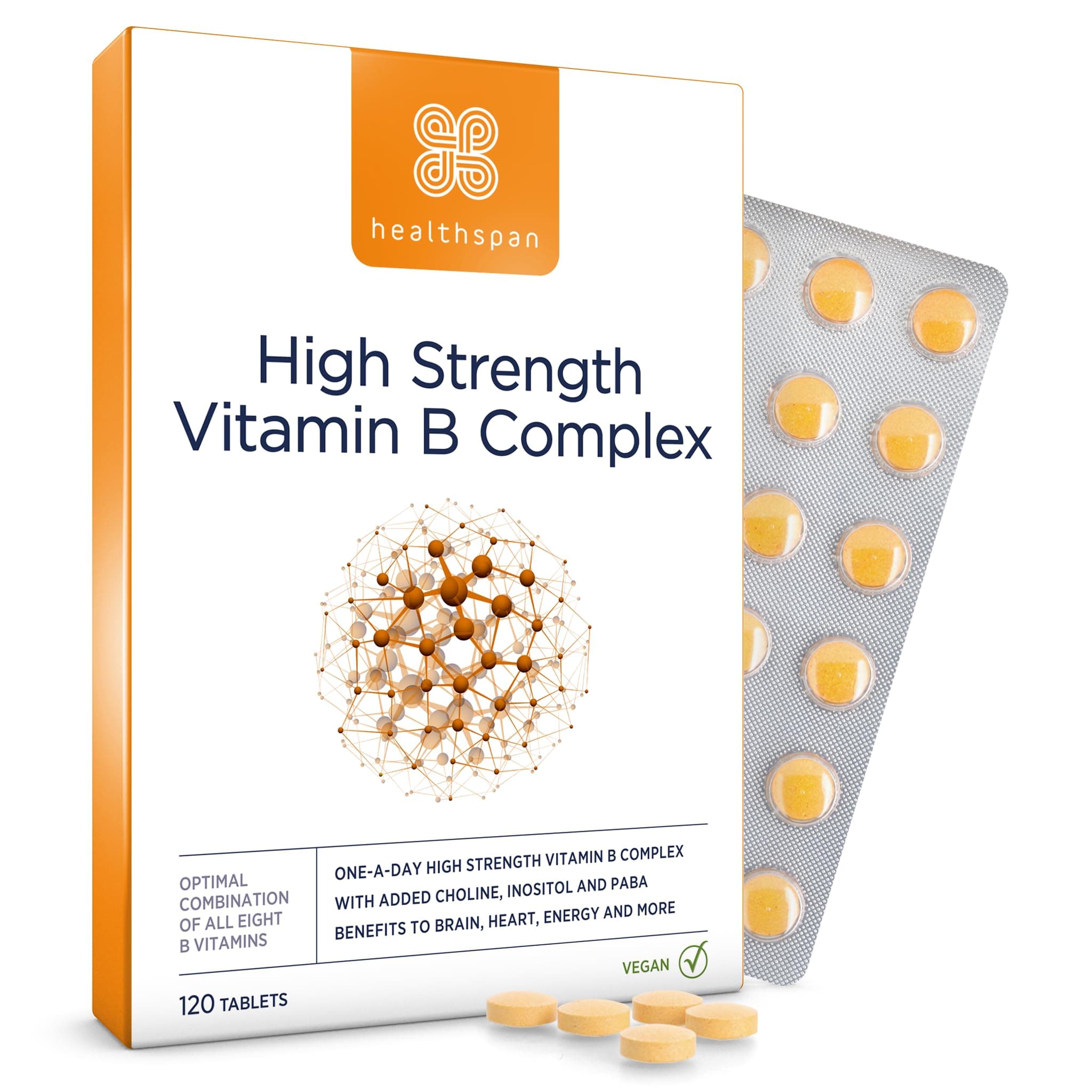 – Healthspan Vitamin B Complex | 8 B-Complex Vitamins | Heart Health, Mental Performance & Psychological Function | Combat Tiredness & Fatigue | Gelatin Free | Vegan (120 Tablets (High Strength))