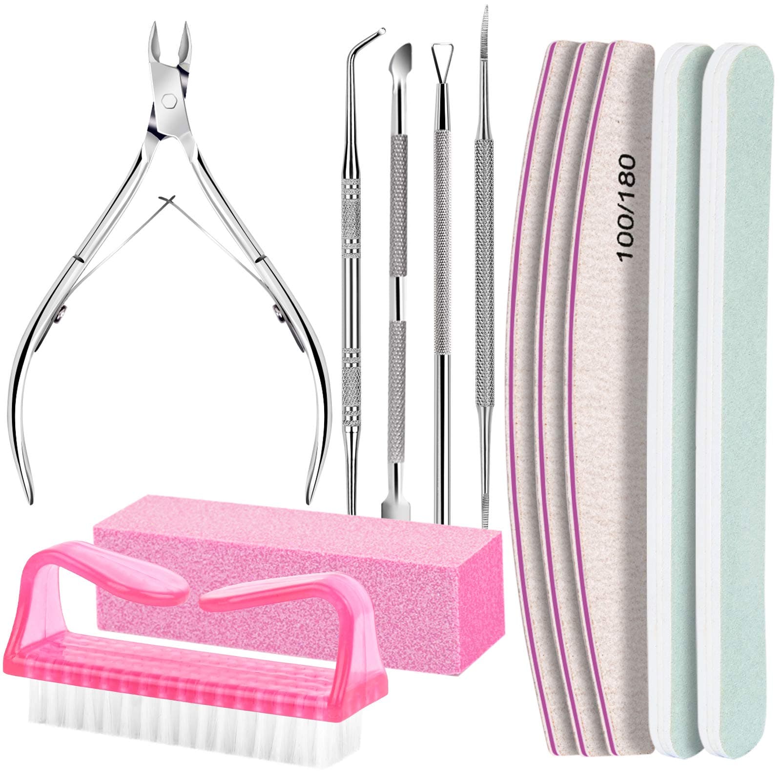 Nail Care Tool Kit, Nail Files 100/180, Buffer Block, Cuticle Nippers, Cuticle Pusher, Cuticle Peeler, Nail Lifter for Ingrown Toenails, Toenail File, Nail Brush, for Manicure and Pedicure
