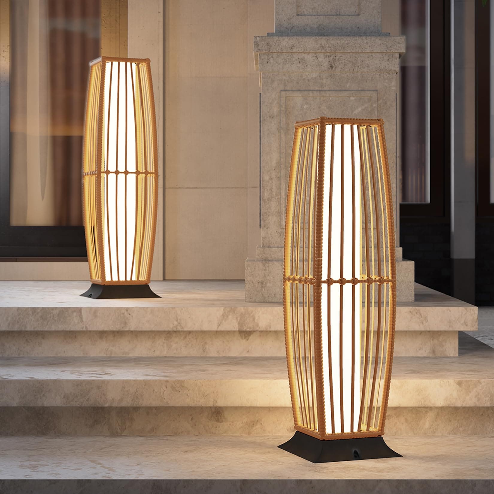 グランドパティオ 2ピース 屋外フロアランプ ソーラーパワーランタン 防水 籐製 ボーホー デッキライト ガーデンポーチの装飾用 大きな牡牛座