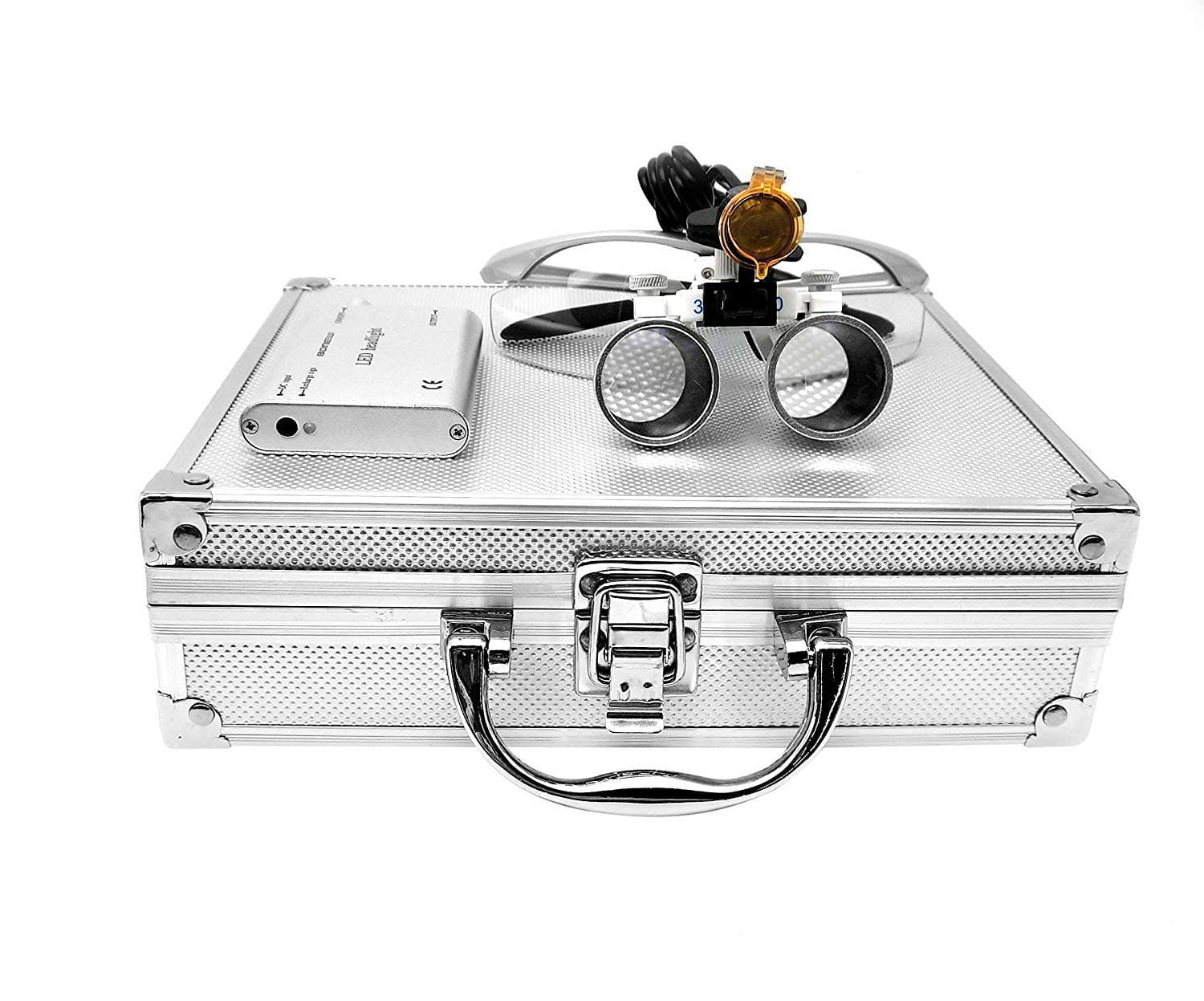 EAST Brand 3.5X 420mm Working Distance Optical Glass Surgical Binocular Loupes and LED Head Light Lamp with Filter Aluminum Box Style (Silver)