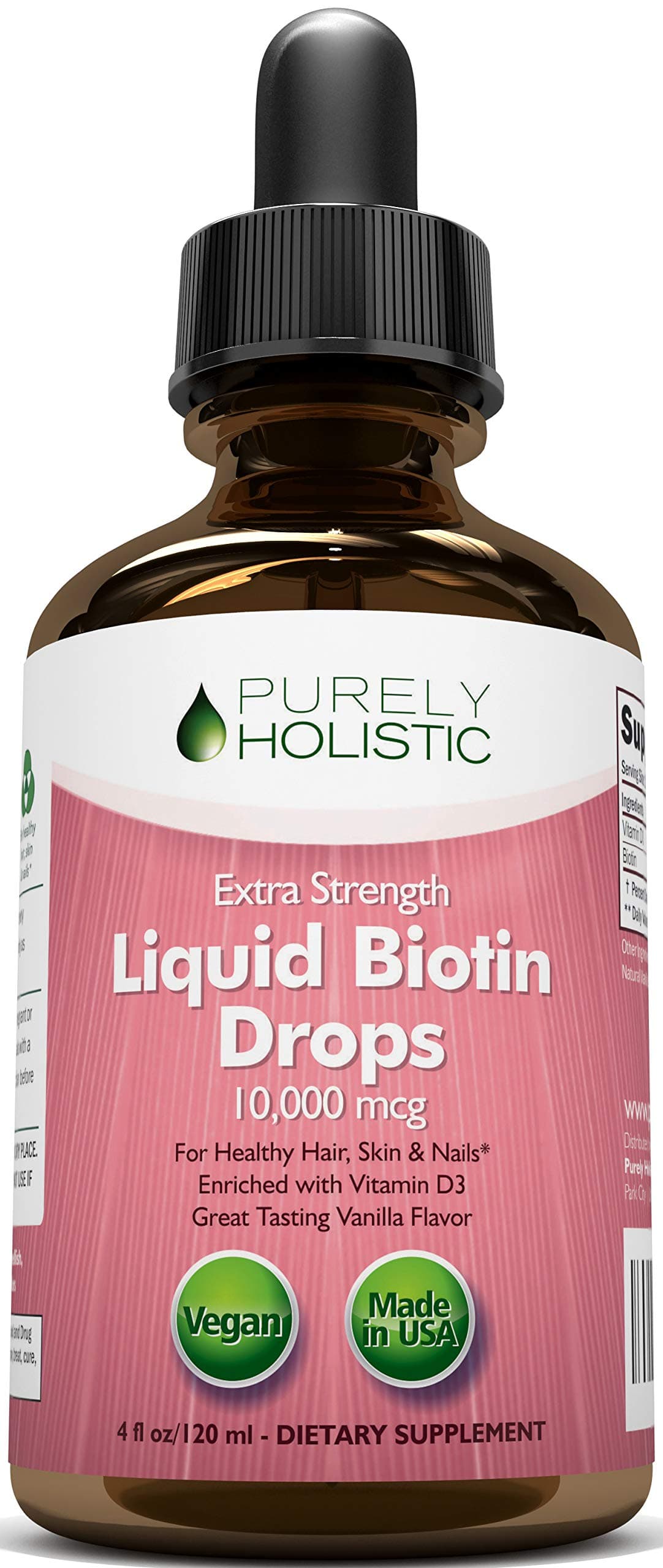 Purely Holistic Biotin Liquid Drops 10,000mcg, Double Sized, 120 Servings, 4oz, 4 Month Supply, with Vitamin D3 to Support Strong Nails, Radiant Skin & Healthy Hair Growth