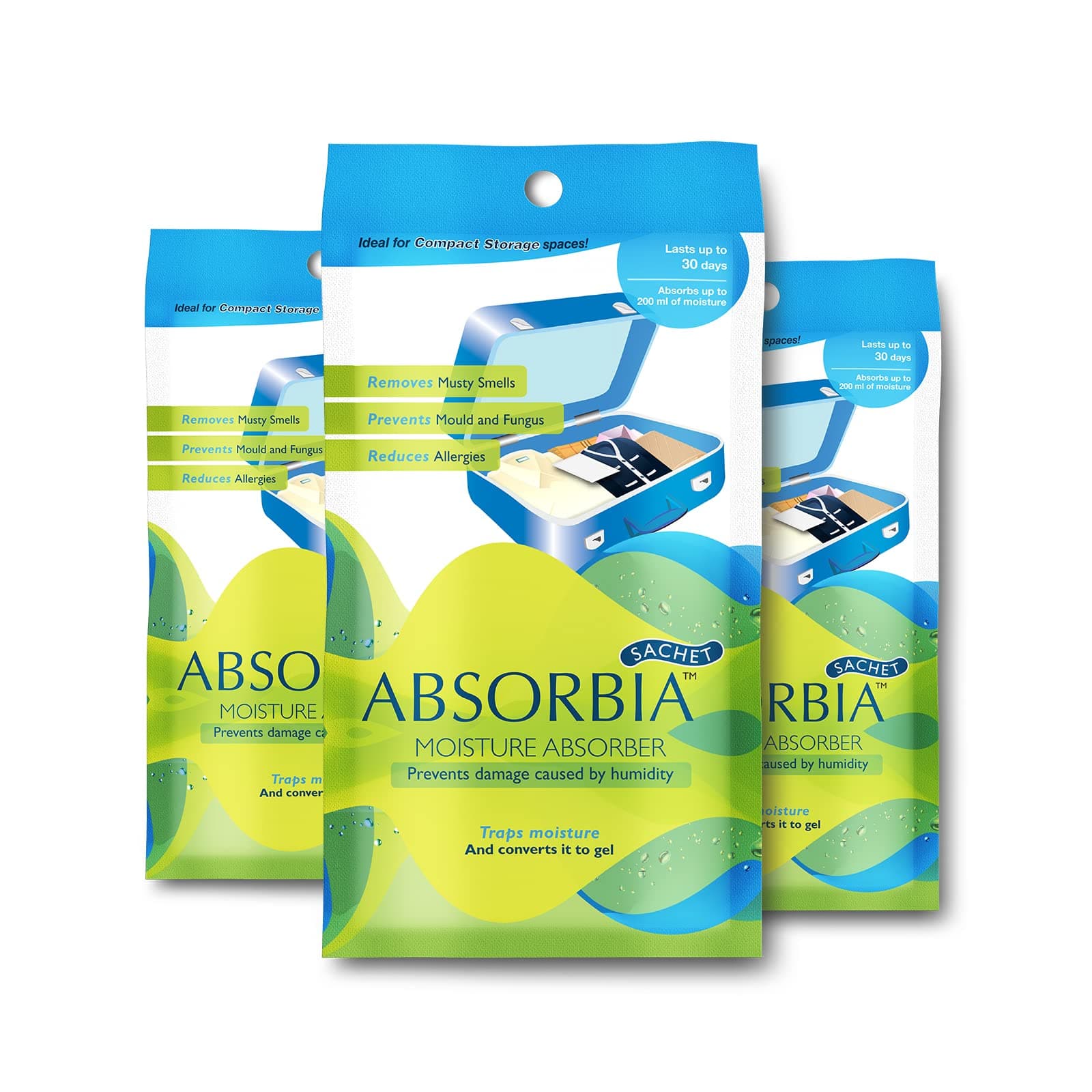 Moisture Absorber| Absorbia Sachet(100g X 3 Sachet) - Family Pack of 3 |Absorbs 200ml Each | Dehumidier for Bags, Suitcases & Drawers | Fights Against Moisture, Mould, Fungus & musty smells
