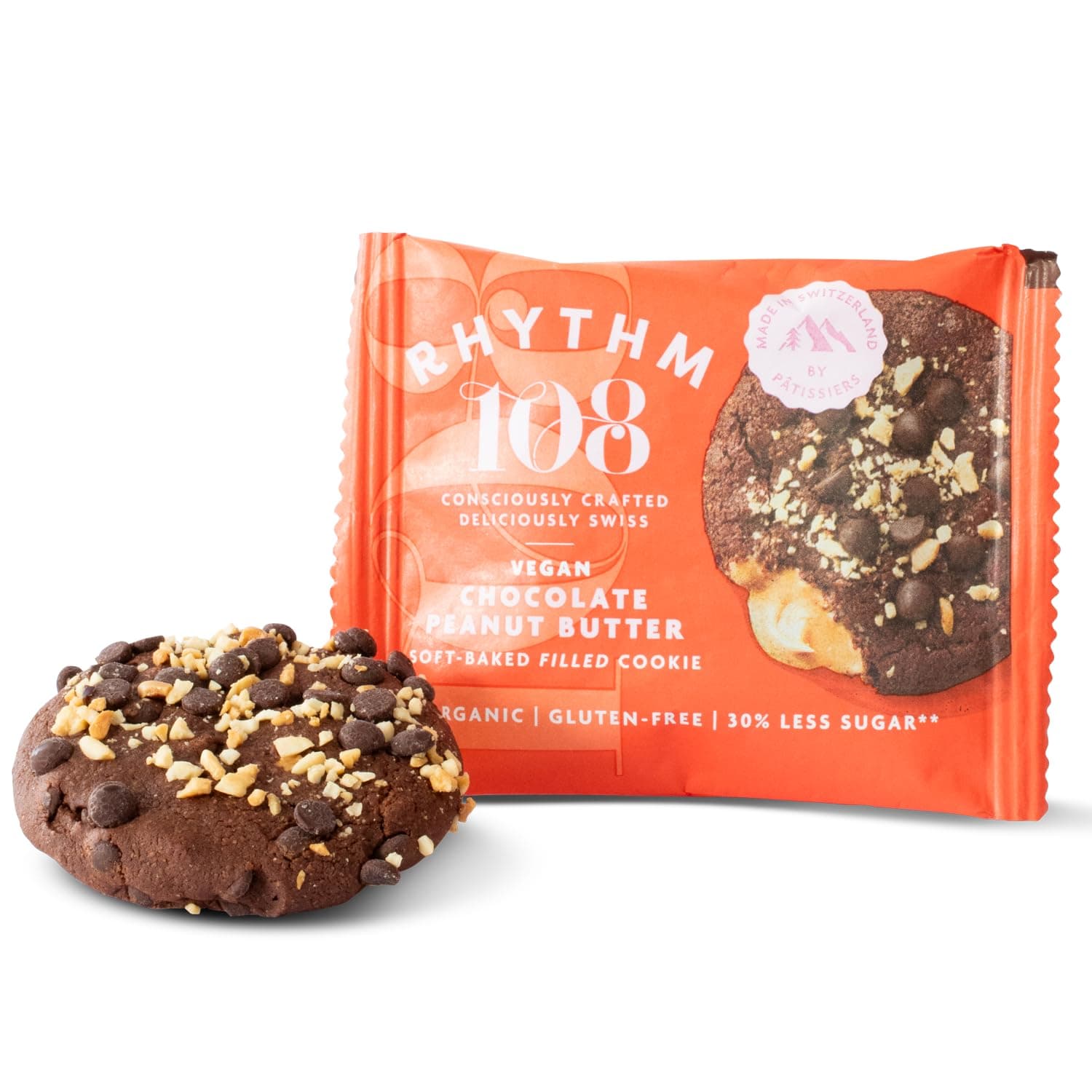 Rhythm 108 Swiss Organic Vegan Chocolate Peanut Butter Soft-Baked Filled Cookie 12 x 50g
