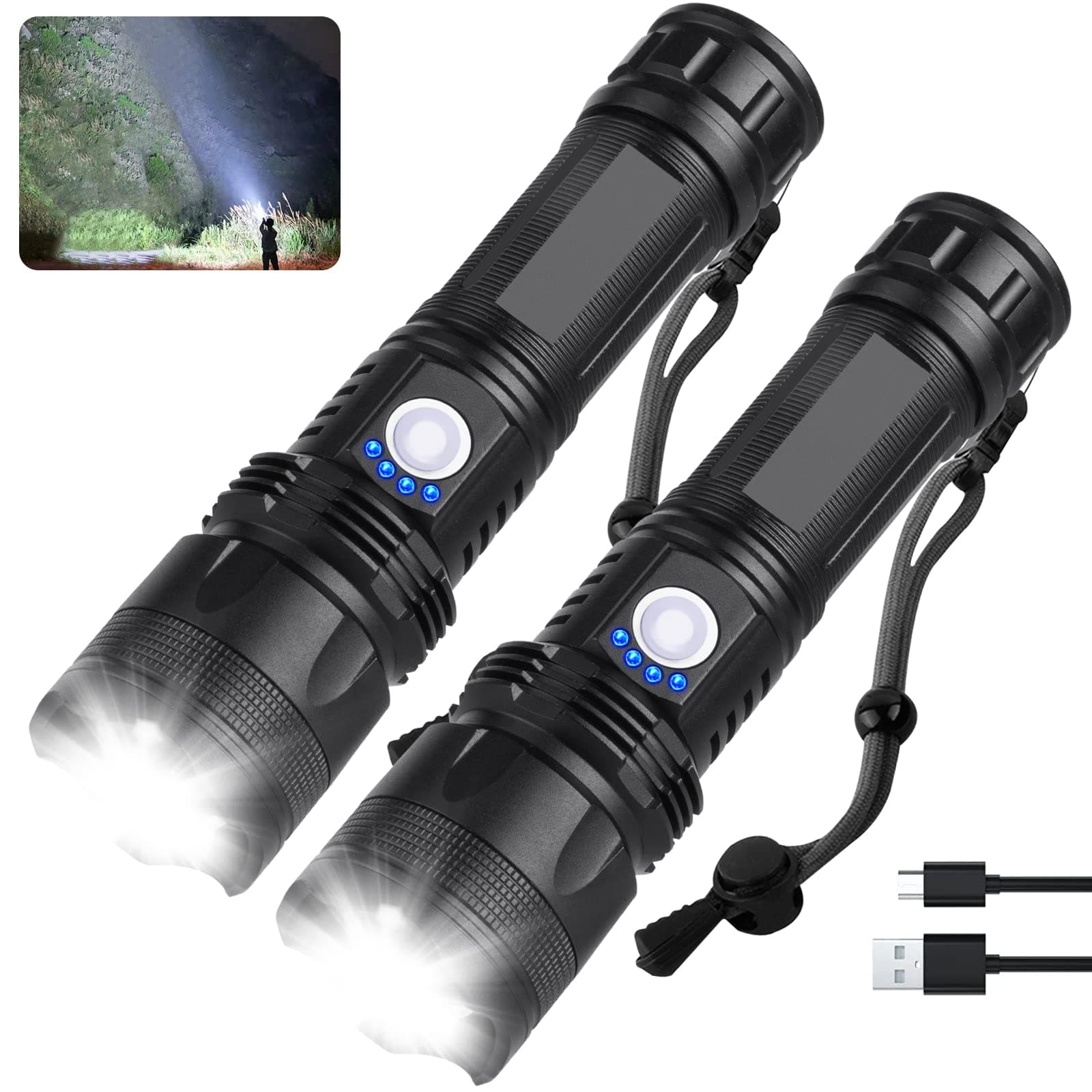 Rechargeable Flashlights 250,000 High Lumens, Super Bright LED Flash Light with 5 Modes, 12 Hour Brightest Waterproof Handheld Flashlight for Home, Camping (2 Pack)