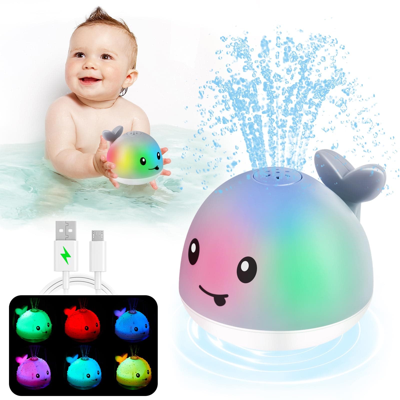 【2023 Upgrade】 Baby Bath Toys Gifts, Rechargeable Whale Baby Toys, Light Up Bath Toys for Toddlers, Sprinkler Bathtub Toys for Infants Kids, Spray Water Bath Toy, Pool Bathroom Tub Baby Toy