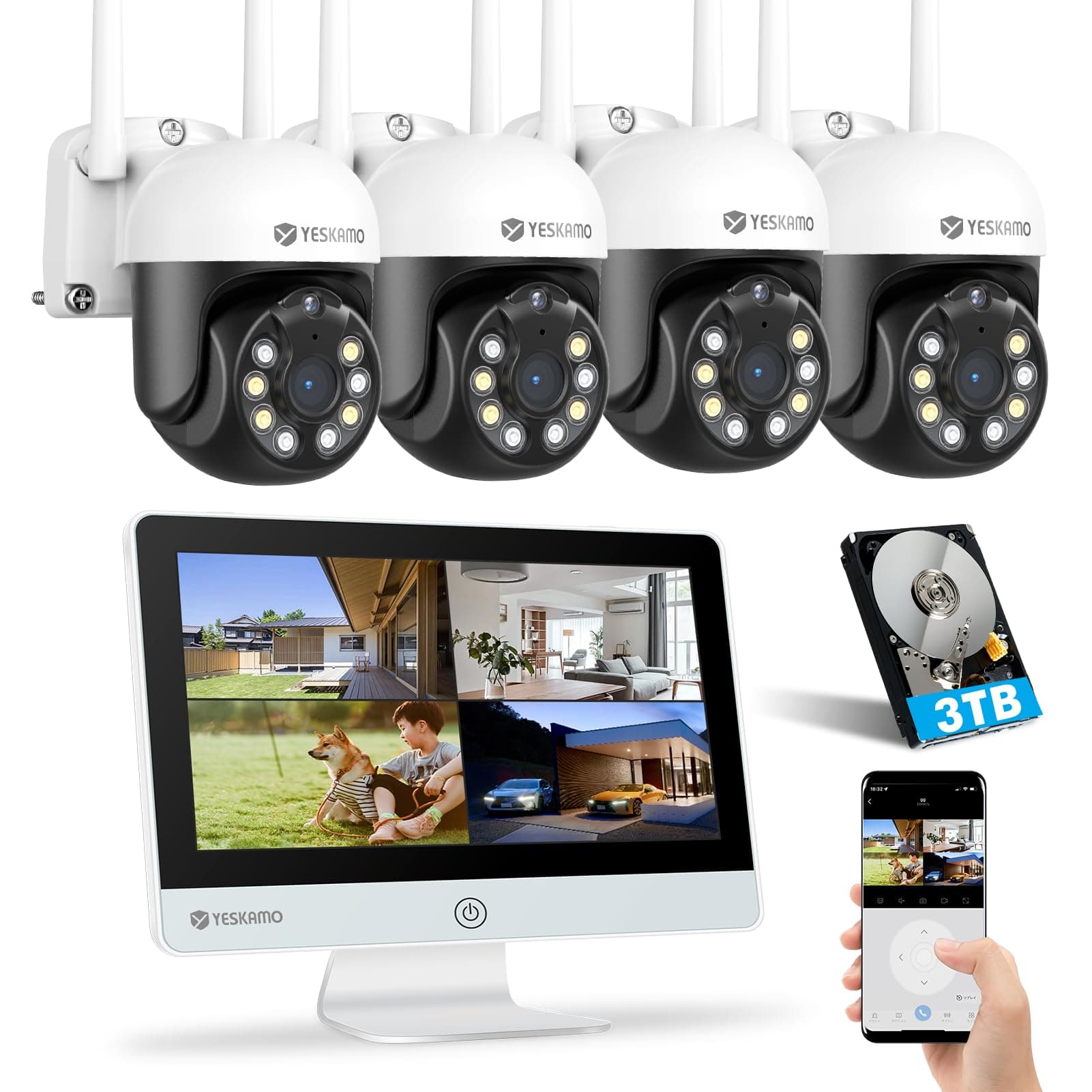 YESKAMO CCTV Camera Systems Wireless Outdoor, 3MP Ultra-HD Spotlight WiFi IP Camera with 12'' IPS Screen, 8CH 4 Cameras Kits 2 Way Audio, Video Surveillance System for Home Security, NO Hard Drive