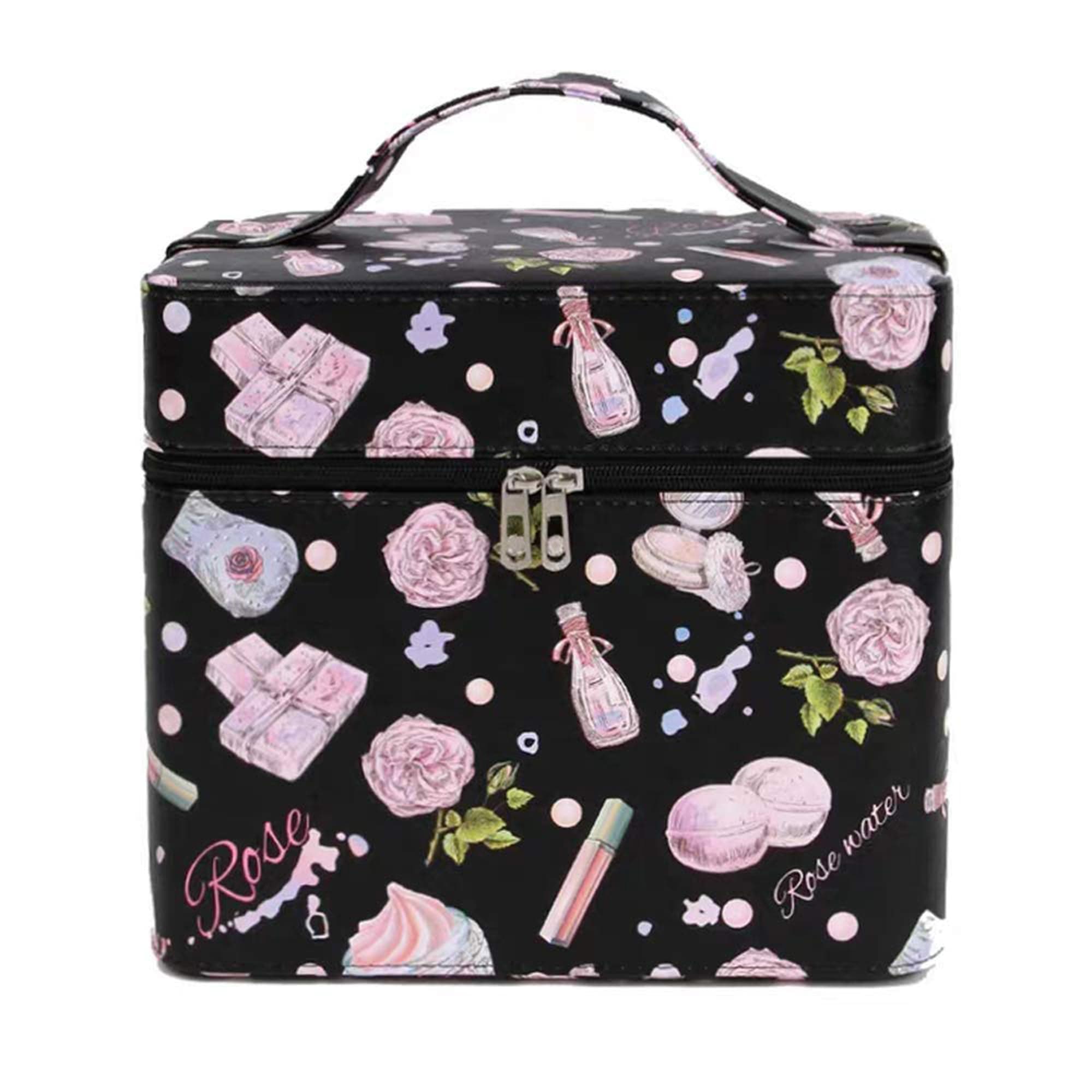 SIBY Leather Travel Rose Printed 3 Layer Makeup Storage Vanity Box Makeup Organizer Storage Box Container Case Cosmetic Bag Storage Box For Women(Without Makeup Item),1Pc(Black Color)