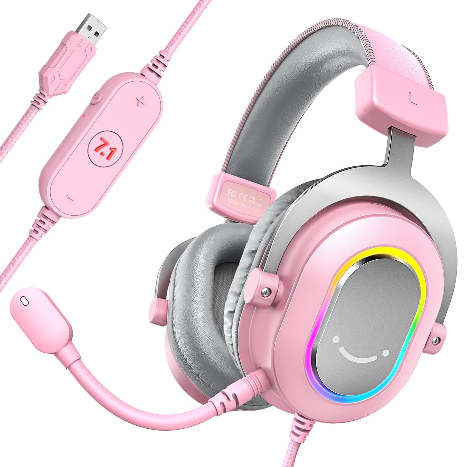 PC Gaming Headset, USB Wired Headset with Microphone, 7.1 Surround Sound, in-Line Control, Computer RGB Over-Ear Headphones for PS4/PS5, for Streaming/Game Voice/Video-AmpliGame H6 (Pink)