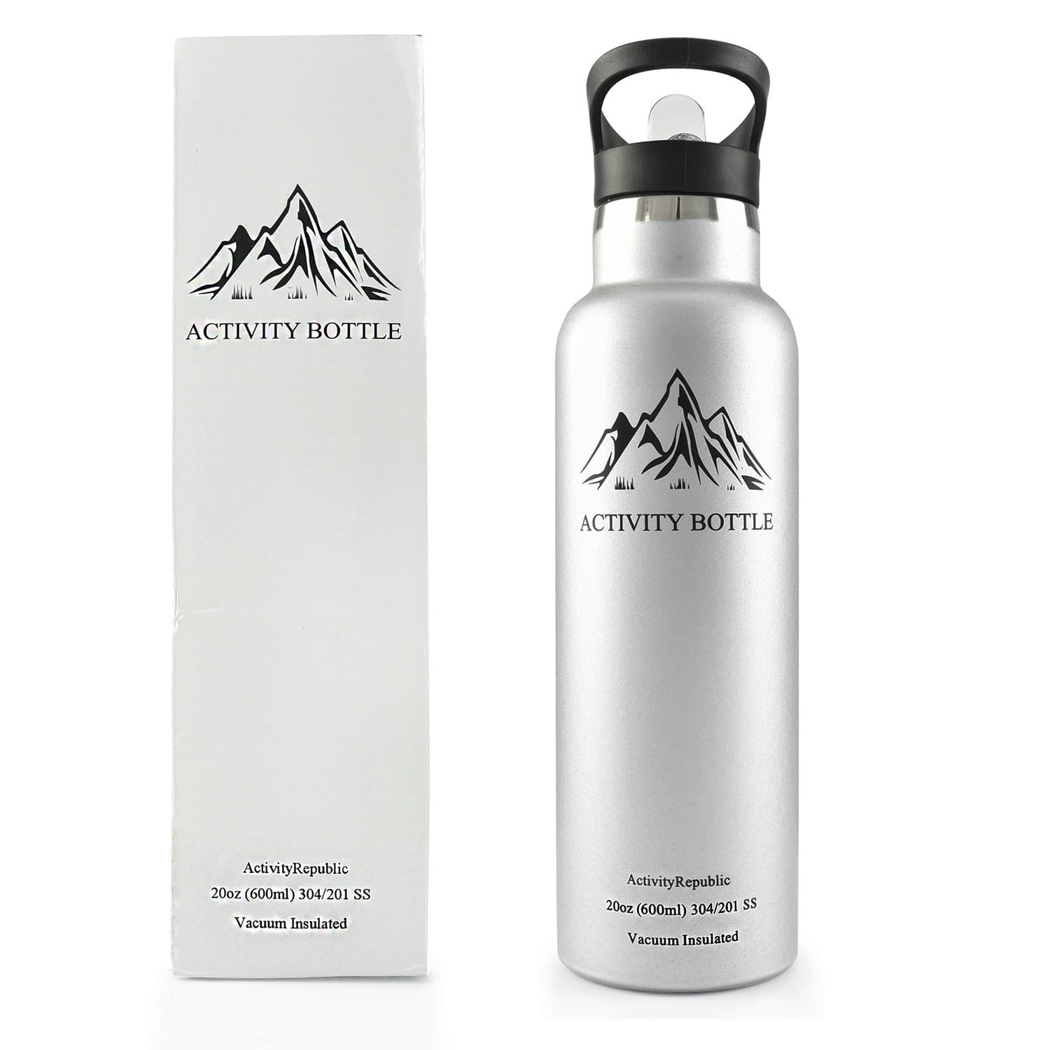 Best Gift Boxed Stainless Steel Water Bottle, by Activity Republic - 20oz / 600ml Double Wall Vacuum InsulatedThermos Drinks Container - Retractable Straw Lid - 100% Eco Friendly