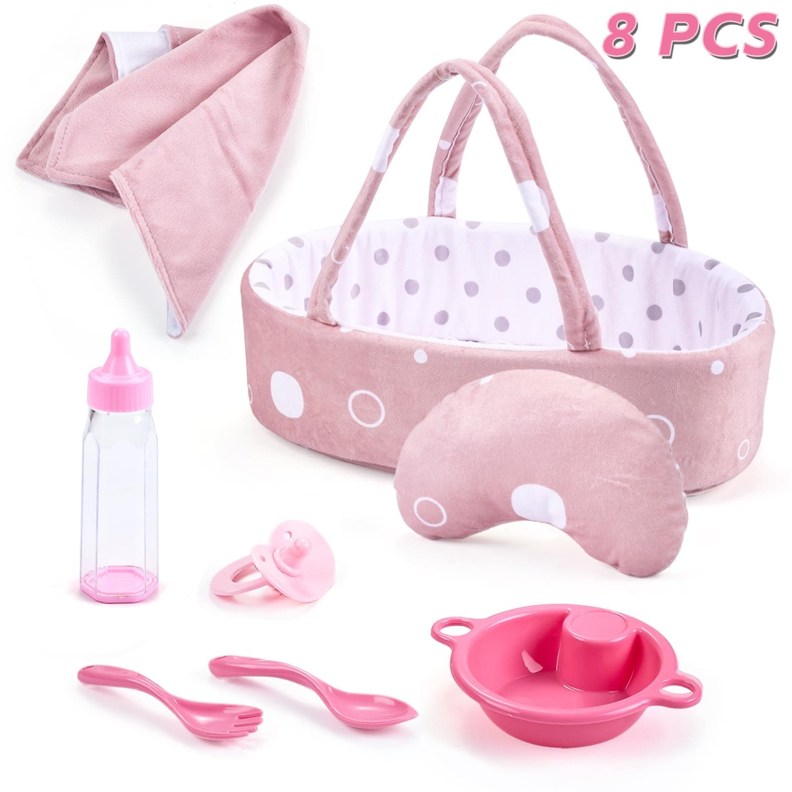8 Pcs Baby Doll Accessories Set Includes Feeding Bottle, Pacifier, Blanket, Pillow, Tablewares and Bassinet Carrier for 9'' to 12'' Dolls