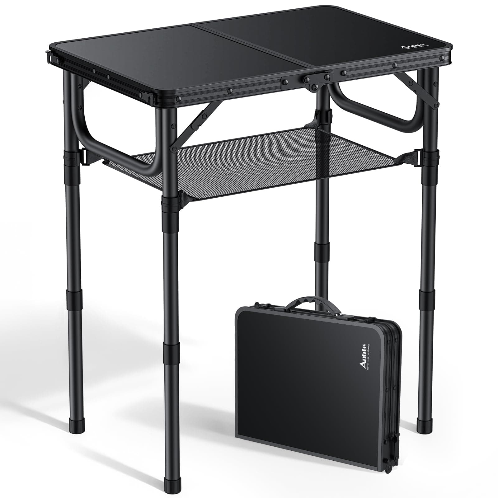 Folding Camping Table with Storage Net, Pure Black Aluminum 2ft Picnic Table 23.2" x 16" Outdoor Table Adjustable Height Max 27.5", Lightweight, Waterproof, Portable Handle for Travel Cooking