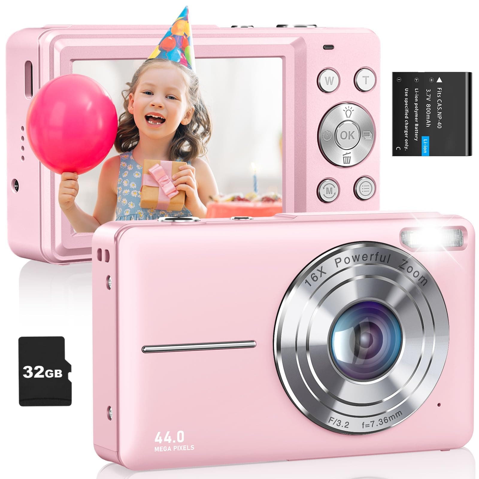 Camkory Digital Camera, FHD 1080P Camera, Compact Point and Shoot Digital Camera with 32GB Card, 16X Zoom Anti Shake Small Digital Camera for Kids Girls Boys Students, Pink