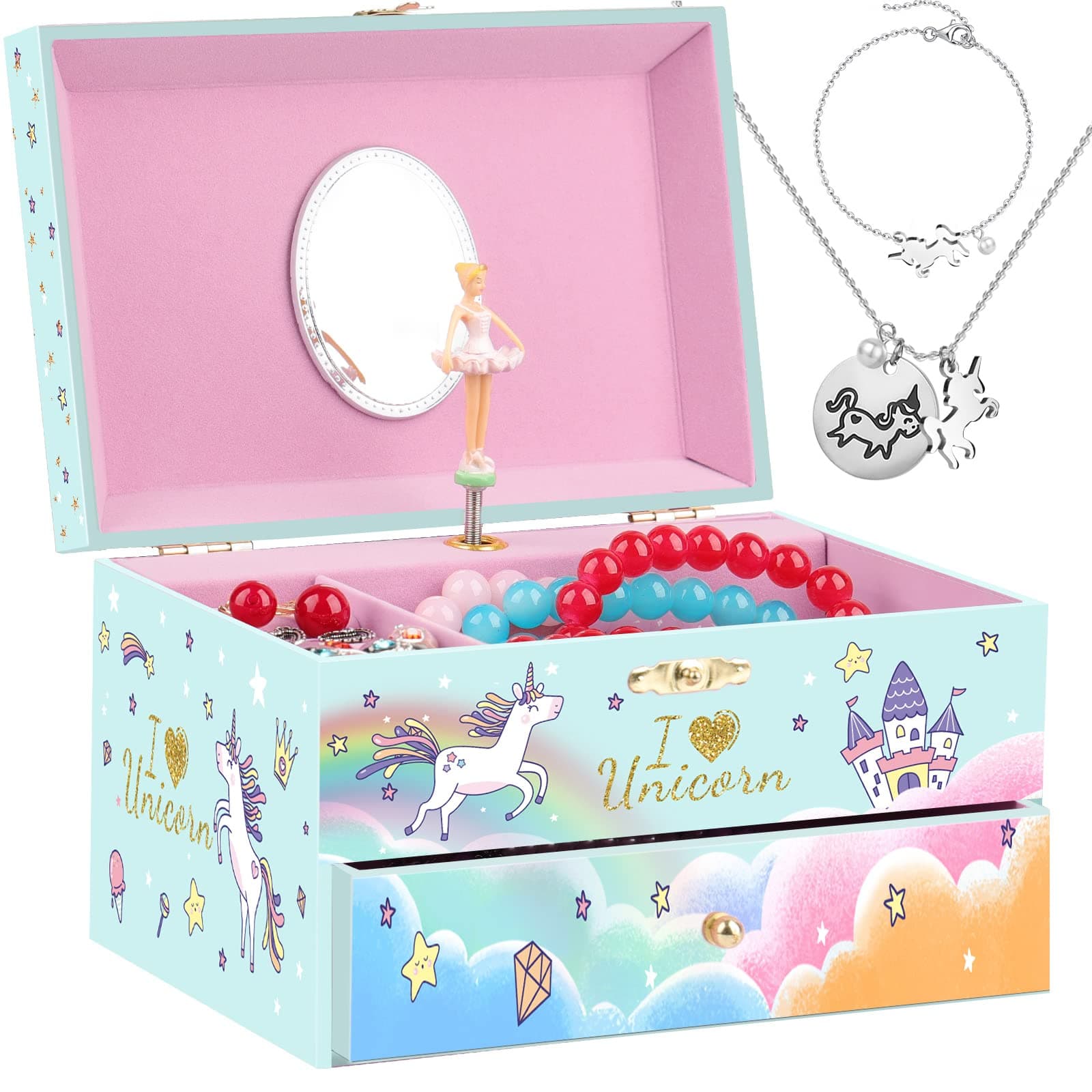 Jewelry Box for Girls Musical Box Ballerina Jewelry Organizer for Little Girl with Unicorn Necklace and Bracelet Girls Birthday Gifts for Kids Jewelry Boxes Christmas Gifts Swan Lake Tune