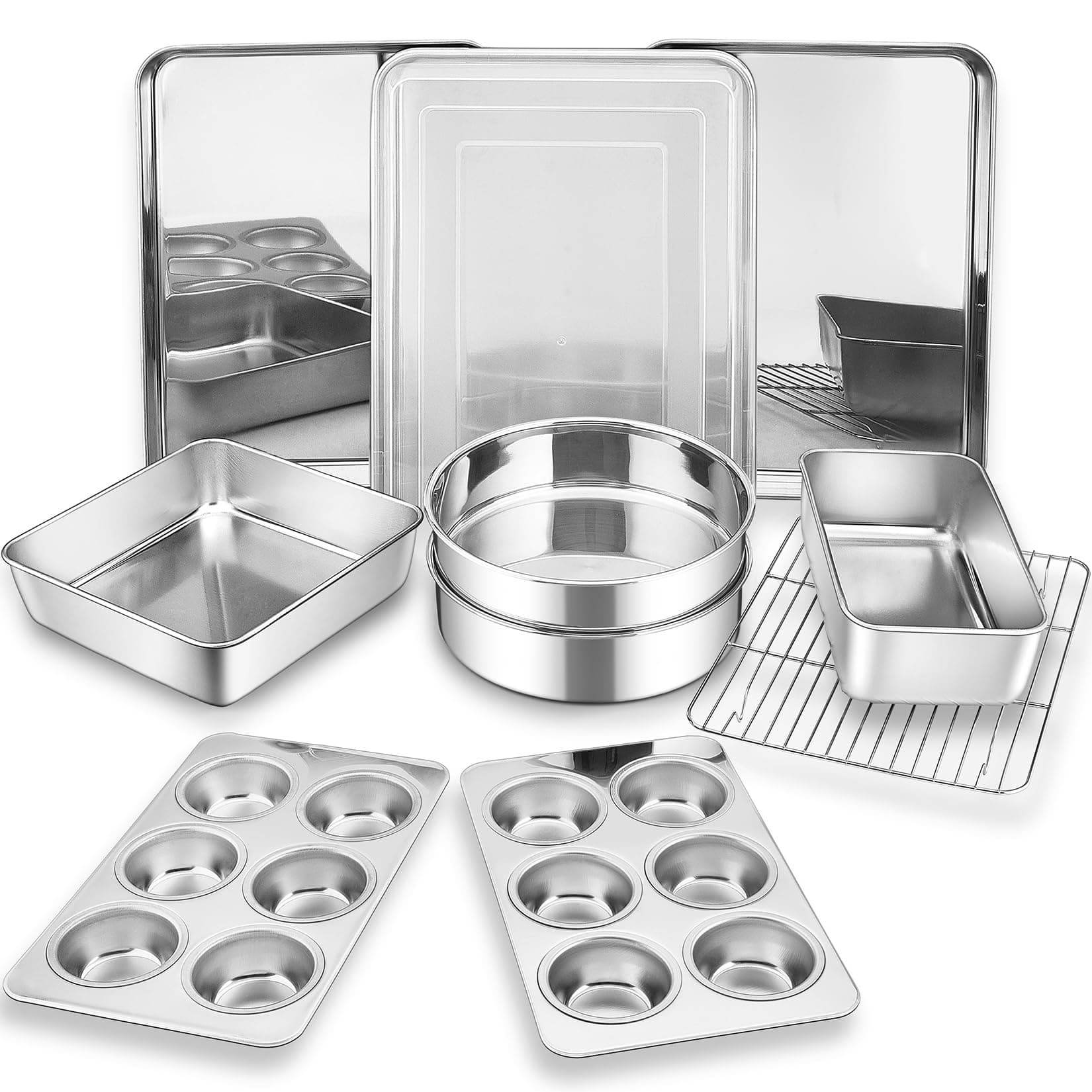 Bakeware Sets of 11, P&P CHEF Stainless Steel Baking Pans Set, Includes Baking Sheets and Rack, Lasagna Pan with Lid, Round/Square Cake Pan, Muffin Pans, Loaf Pan, Reusable & Durable
