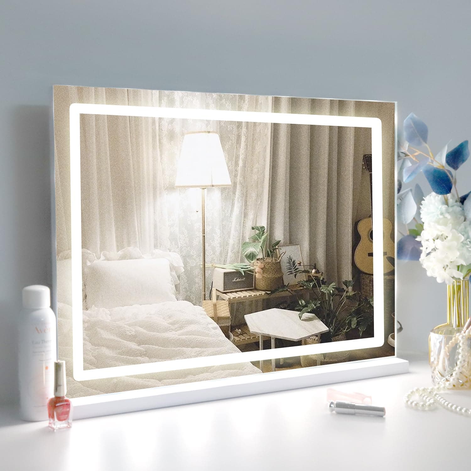 Makeup Vanity Mirror with Lights, 22.8"x 18.1" Large LED Lighted Mirror with 10X Magnification and USB Charging Port, Smart Touch 3 Colors Dimmable, Touch Control for Bedroom, White