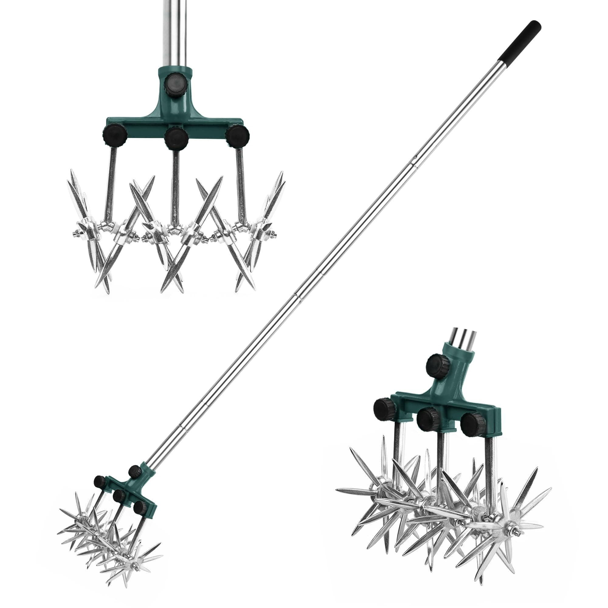 Rotary Cultivator Garden Rotary Tiller Adjustable Stainless Steel Poles Hand Tiller for Soil Mixing or Reseeding Grass Lawn Tiller Total Length 57 Inch