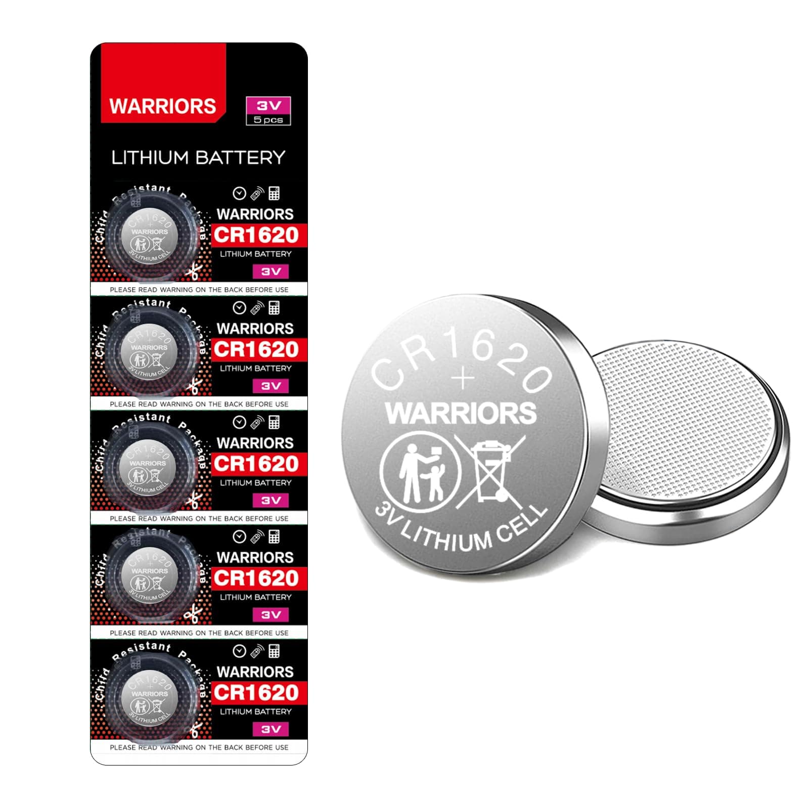 Warriors 5X 1620 CR1620 Coin Button Cell 3V 3 Volt Lithium Batteries Battery 5X Child Resistance Safety Package Retail Pack