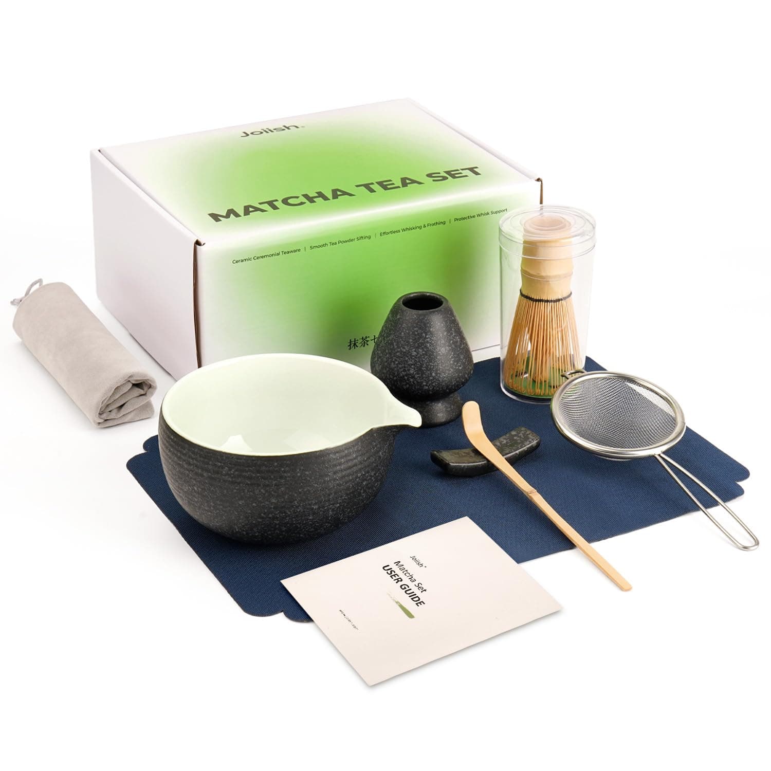 7 Pcs Matcha Set Kit, Matcha Whisk and Bowl with Spout, Matcha Sifter, Whisk Holder, Matcha Scoop and Scoop Rest, Perfect Matcha Kit for Matcha Tea (Charcoal Grey)