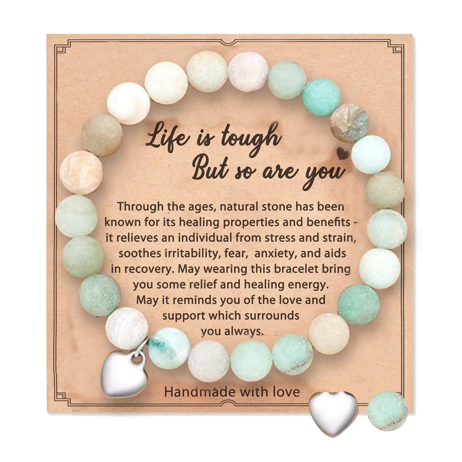 Anxiety Bracelet, Natural Stone Healing Bracelet for Women, Elastic Beads Bracelet Gemstone Zebra Bracelet with Heart Charm Message Card for Women Christmas Birthday Mothers Day Gifts
