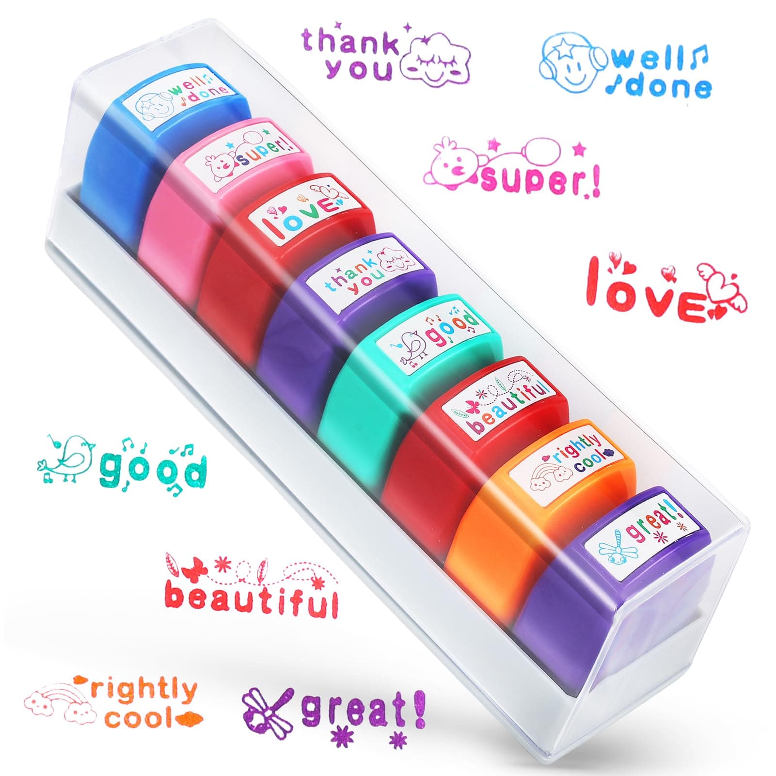8Pcs Teacher Stamps for Grading Classroom Teacher Supplies Self-inking Motivational Encouraging Comments Colorful Stamp Set for Parent Signature School Teacher Review Homework Reward with Tray