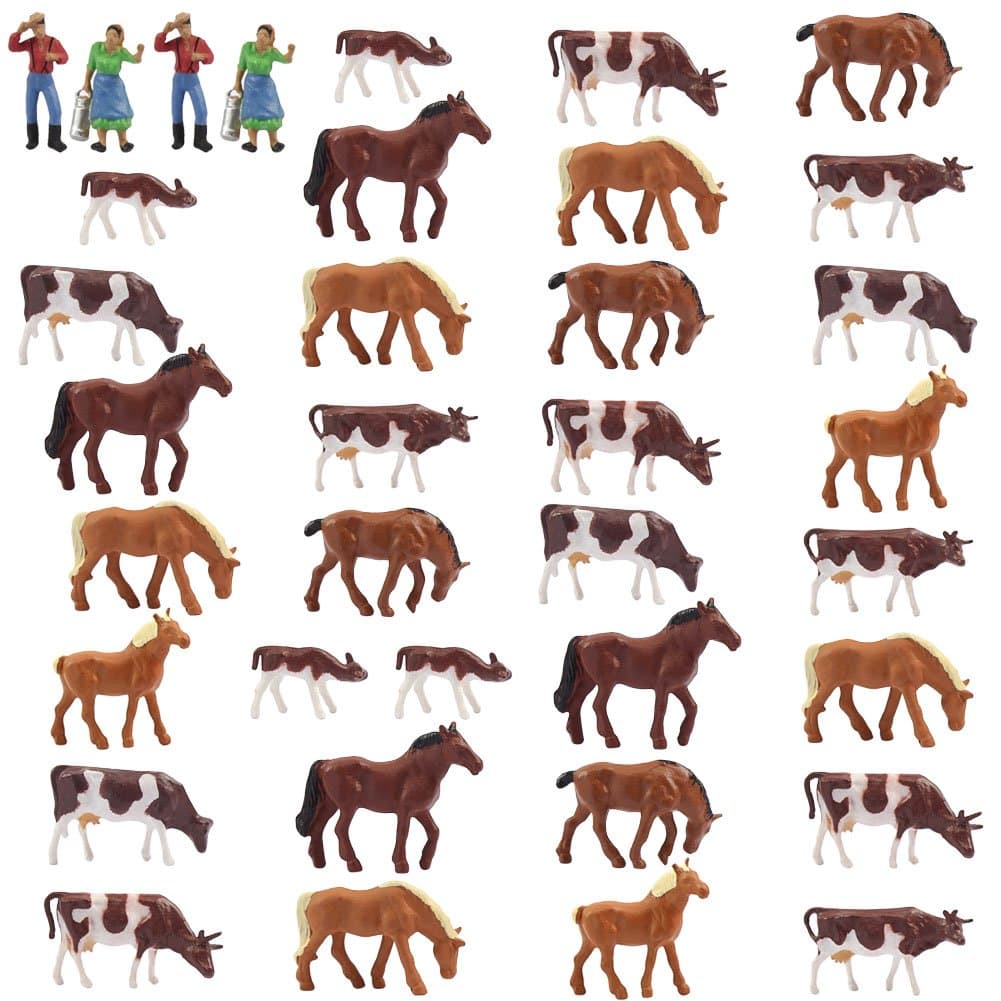 Farm Animals Figure Toys Set,AN8706 36PCS 1:87 Well Painted Farm Animals Cows Horses Figures for HO Scale Model Train Scenery Layout Miniature NEW