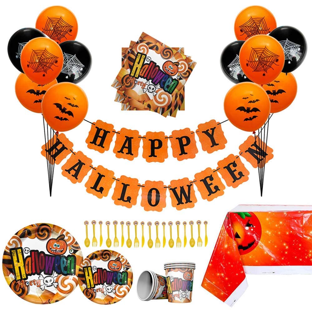 Fadesun Halloween Party Supplies and Decorations Latex Balloons Disposable Tableware Set Disposable Dinner Plates,Cake Plates,Cups,Napkins,Cake Cutter,Knives,Forks,Tablecloth,Happy Halloween Banner,91pcs