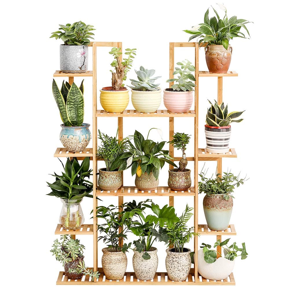 Bamboo 9 Tier 17 Potted Plant Stand Rack Multiple Flower Pot Holder Shelf Indoor Outdoor Planter Display shelving unit for Patio Garden Corner Balcony Living Room