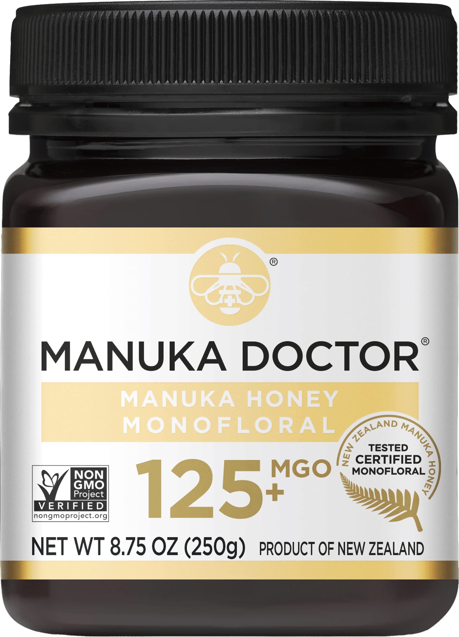 MGO 125+ Manuka Honey Monofloral, 100% Pure New Zealand Honey. Certified. Guaranteed. Raw. Non-GMO (8.75 oz)