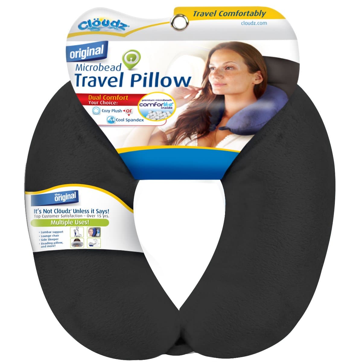 Cloudz Dual Comfort Microbead Airplane Travel Neck Pillow. Super Soft Cozy Plush Fabric on One Side, Cool Relaxing Spandex on The Other! Customize Your Comfort and Support at Home or On The Go!-Black