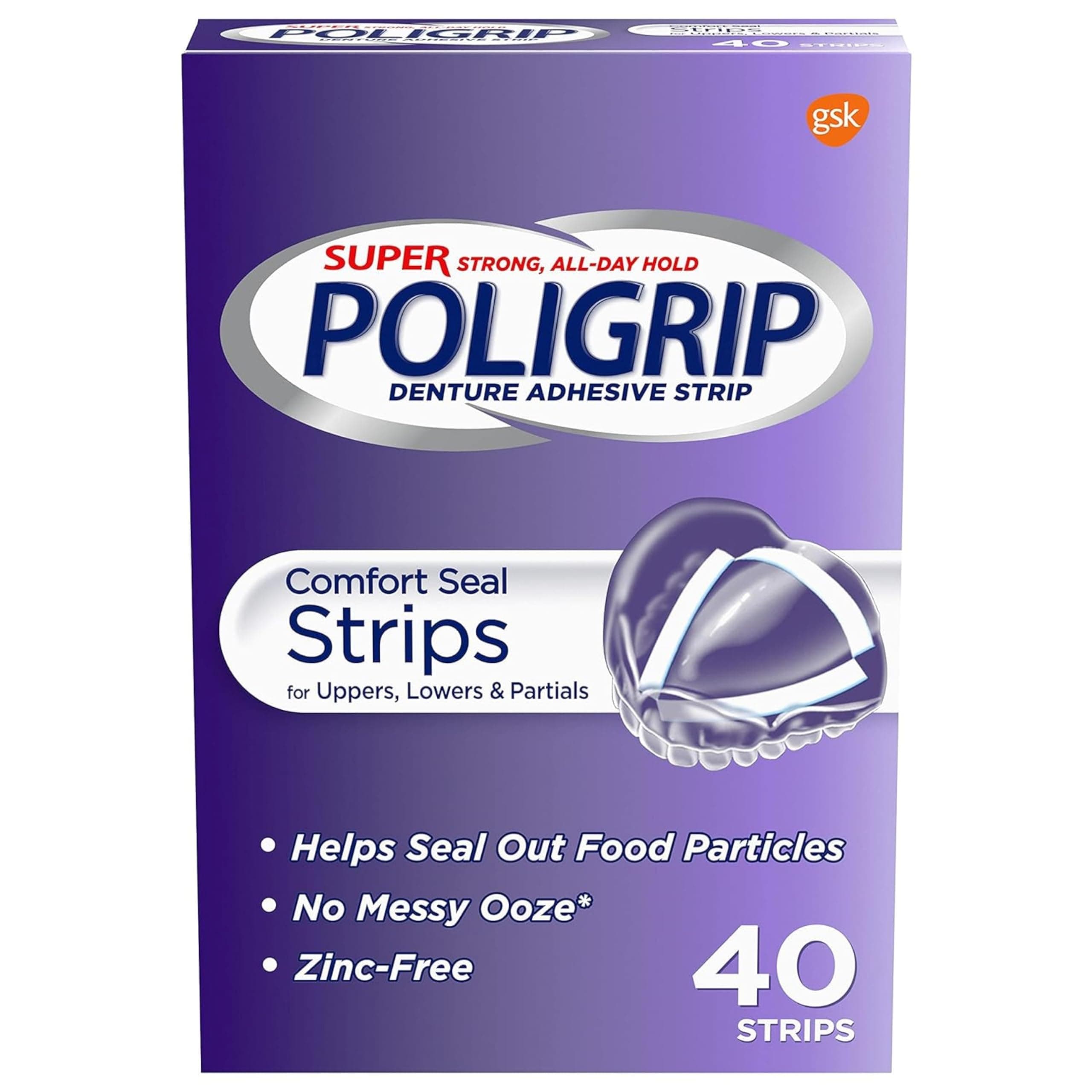 Super Poli-Grip Strips Size 40 Ct Strong All Day Comfort Seal Denture Adhesive Strips