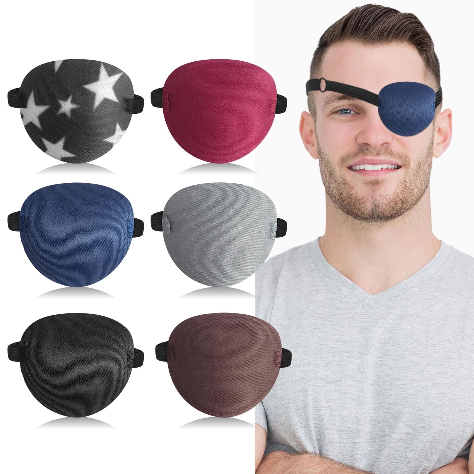 6pcs Eye Patches,Comfortable Adjustable Medical Eyepatch for Right or Left,Soft Lazy Eye Path for Pirate Costume Black,Blue,Red,Brown,Gray