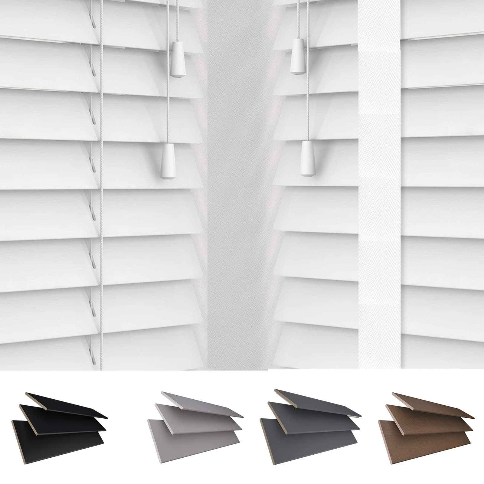 Real Wood Venetian Blinds 50mm Slats [90cm Width x 120cm Drop, White, String]