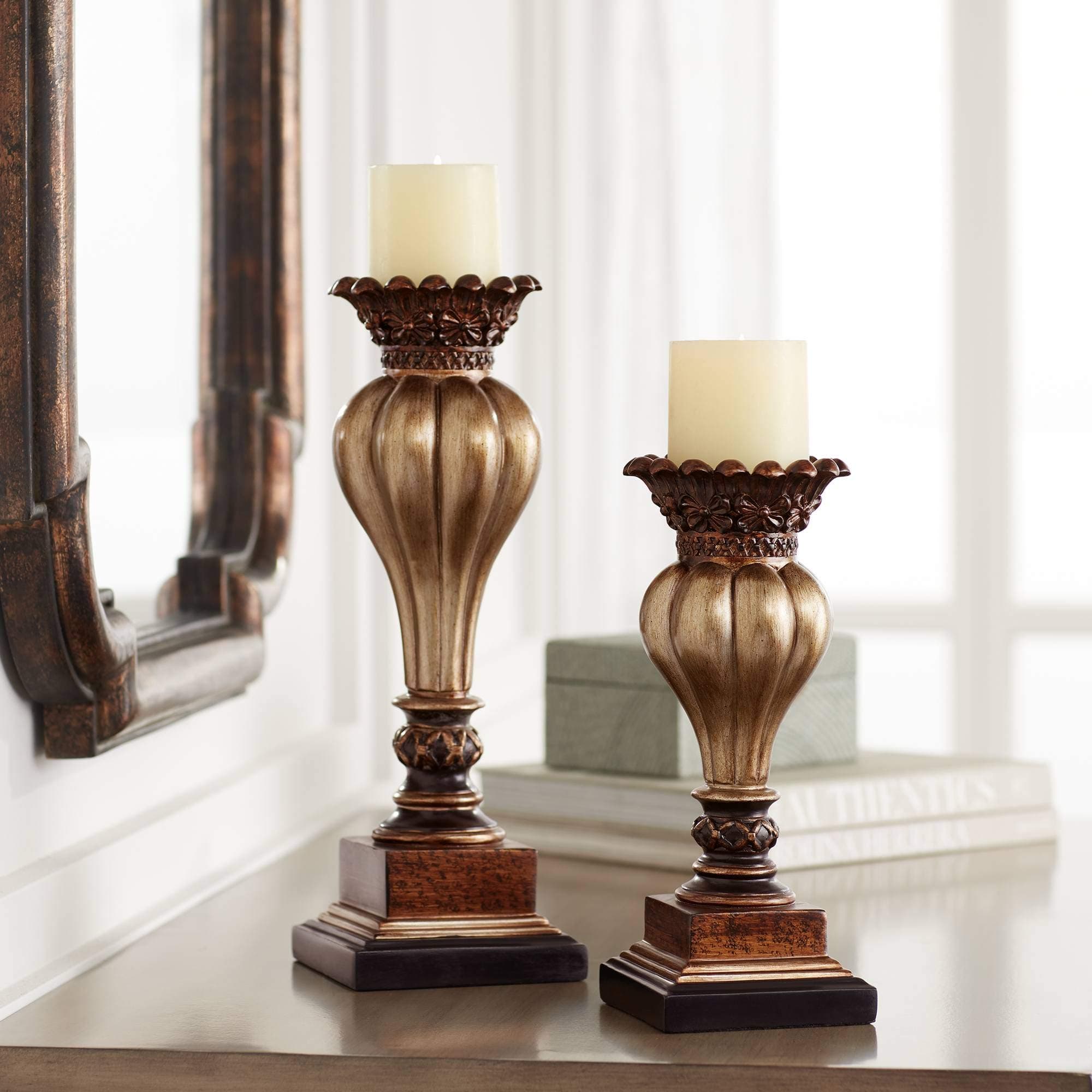 Kensington Hill Old World Gold Bronze Pillar Candle Holder Set of 2