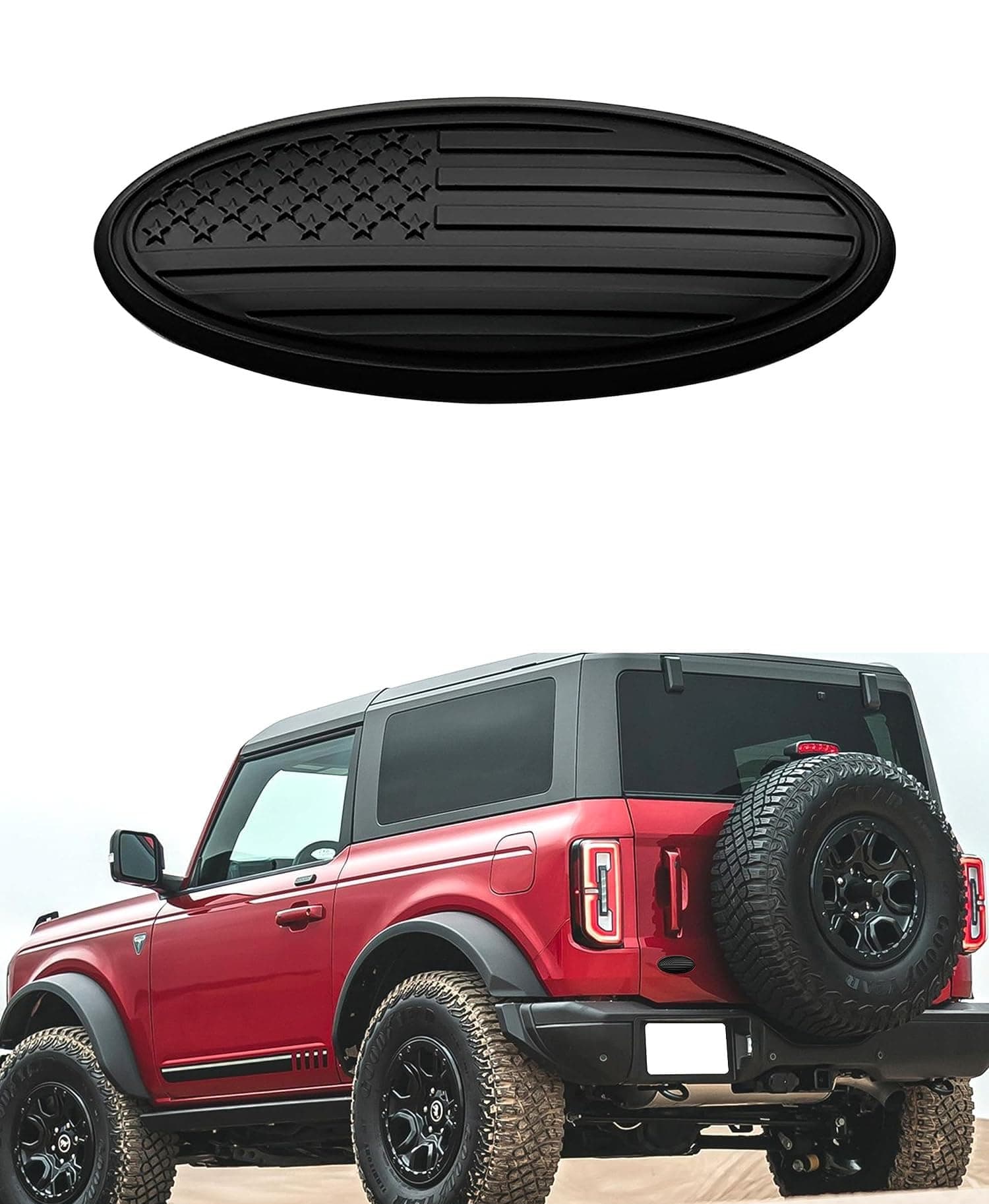 CONGCONG Fit Ford Bronco Emblem, 5 inch Overlay Rear Tailgate Oval American Black Flag Emblem fit Ford Bronco 2021-2023（Matte Black）